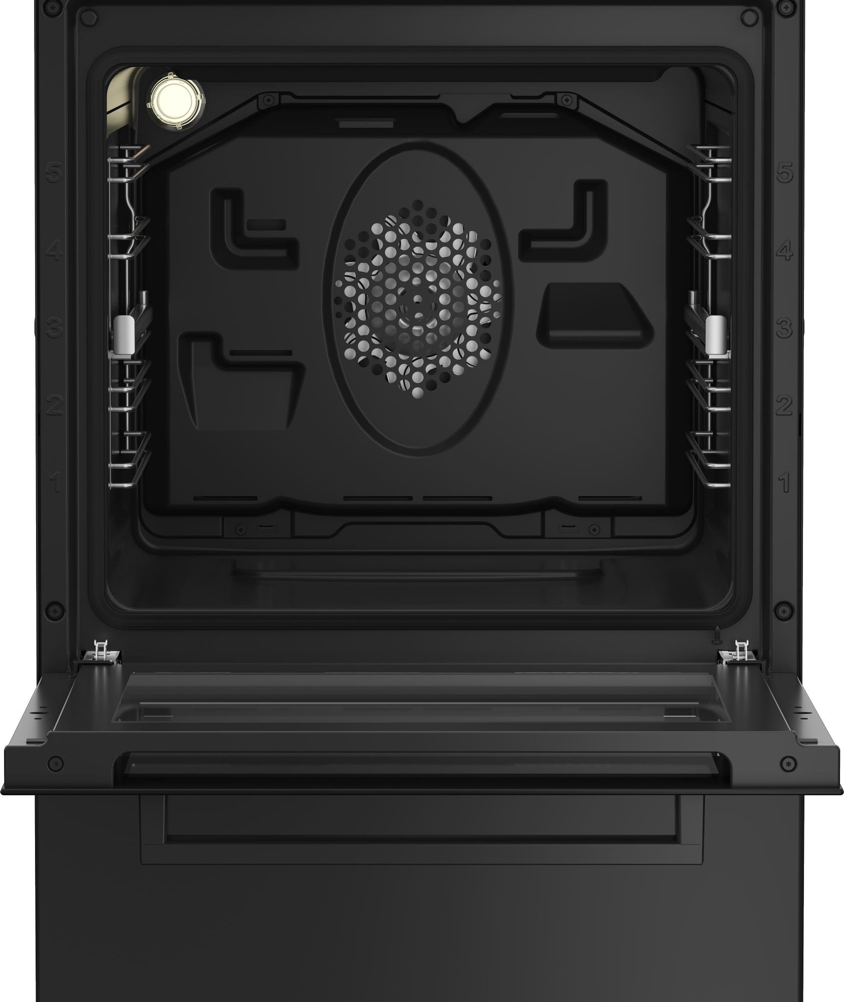 Otwarty wnętrze piekarnika. Czarne wnętrze z rusztami, światłem i wentylatorem. Drzwi otwarte. Cyfry 1-5 z boku.