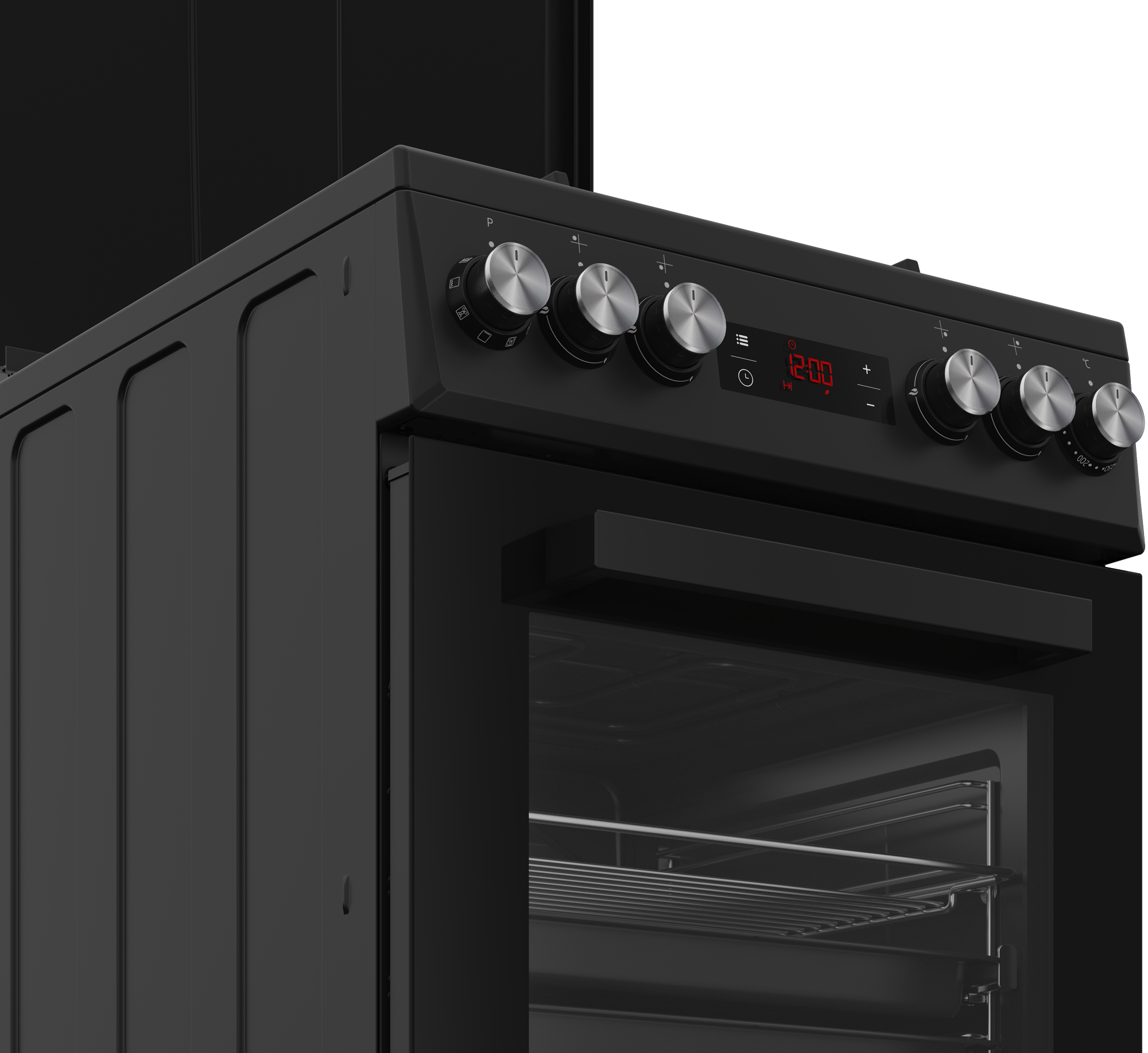 Czarny piekarnik z pokrętłami i wyświetlaczem 12:00. Drzwi otwarte, widoczne wnętrze piekarnika.
