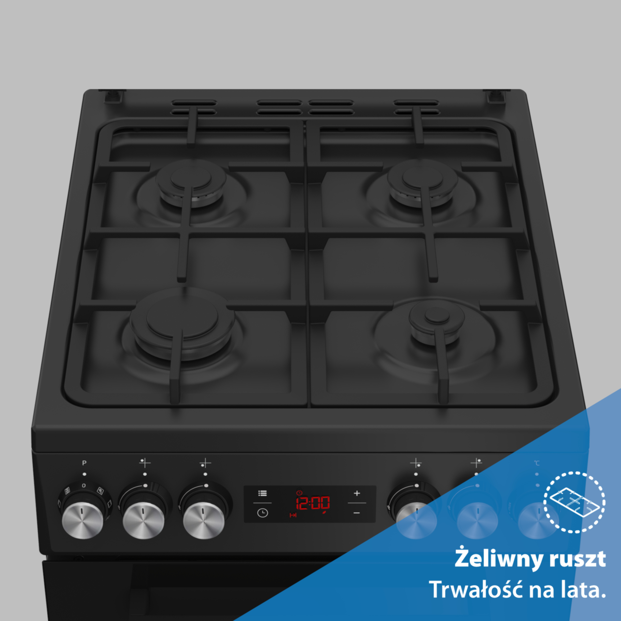 Czarna kuchenka gazowa z czterema palnikami, pokrętłami i wyświetlaczem cyfrowym 12:00. Żeliwny ruszt, trwały.