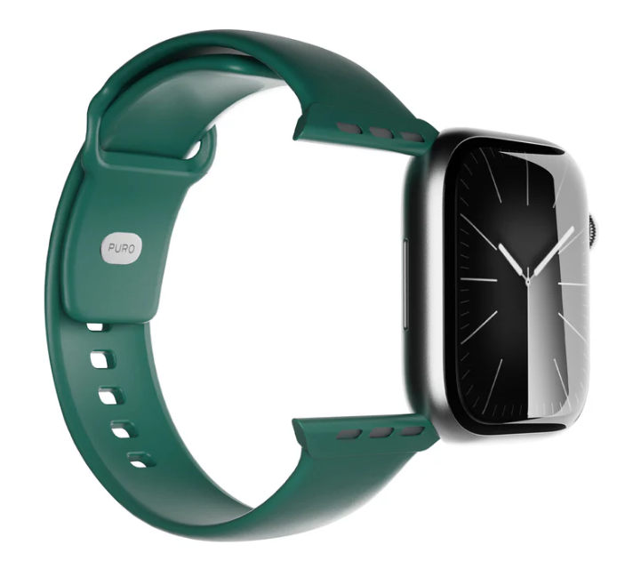 Eine dunkelgrüne Smartwatch mit passendem Armband. Das Zifferblatt ist schwarz mit weißen Zeigern. Das Armband ist verbunden und gebogen.
