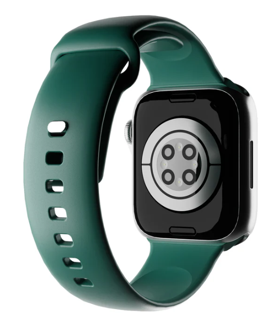 Eine grüne Smartwatch mit dunkelgrünem Armband wird gezeigt. Das Zifferblatt ist schwarz, die Rückseite hat Sensoren.