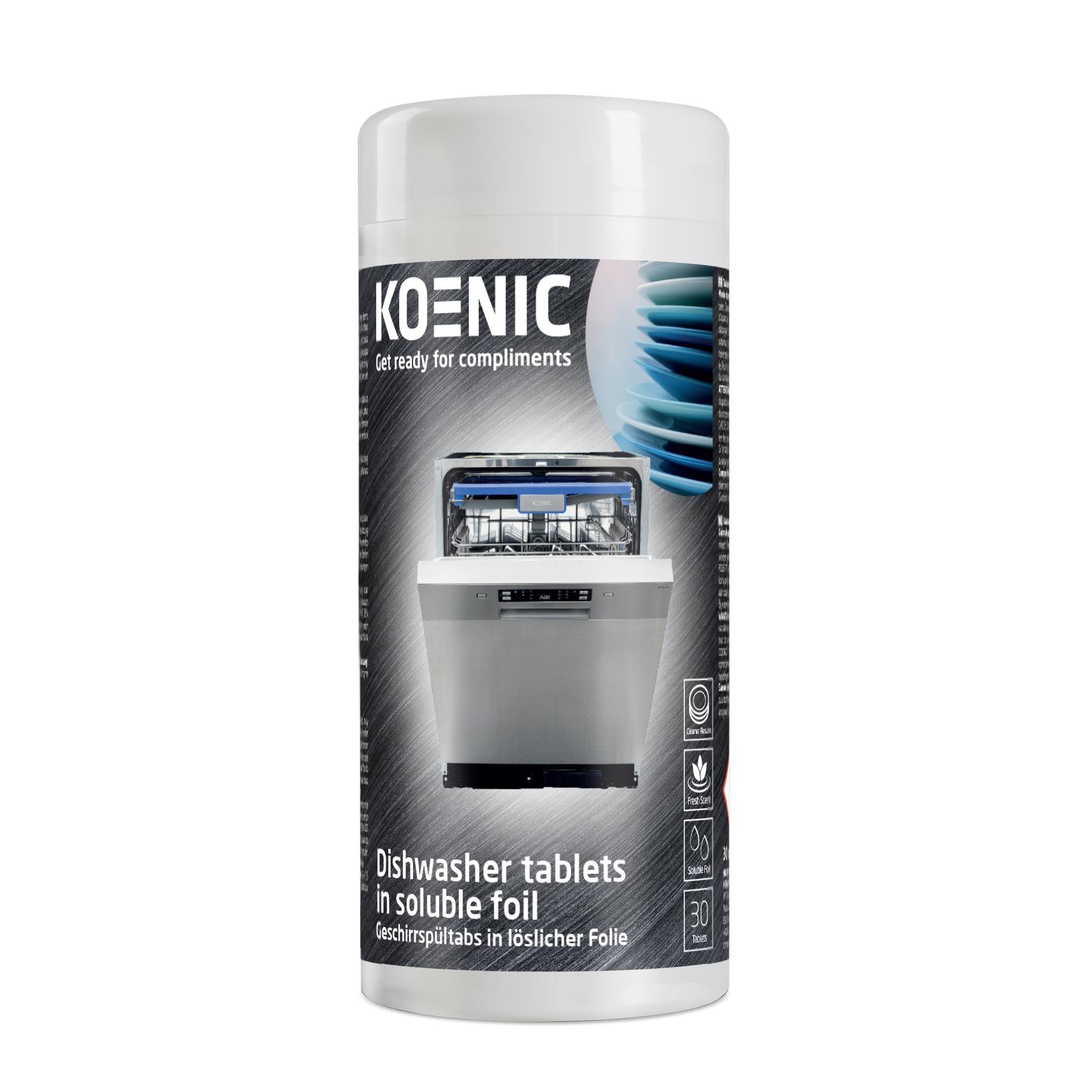 A product shot of dishwasher tablets in a white container. A dishwasher is shown in the middle of the container.