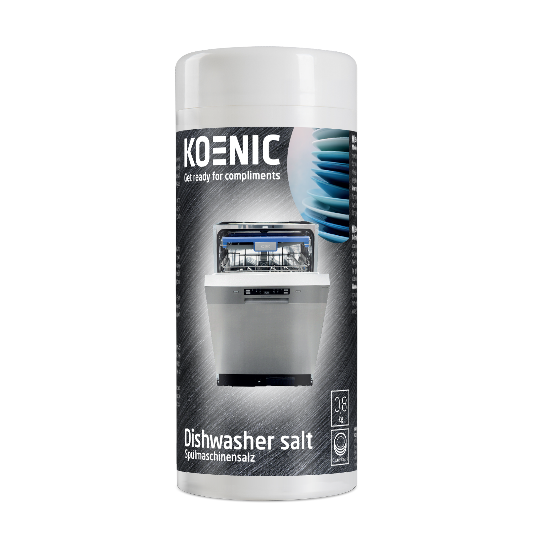 A white bottle of KOENIC dishwasher salt with a dishwasher illustration. The background is black and gray.