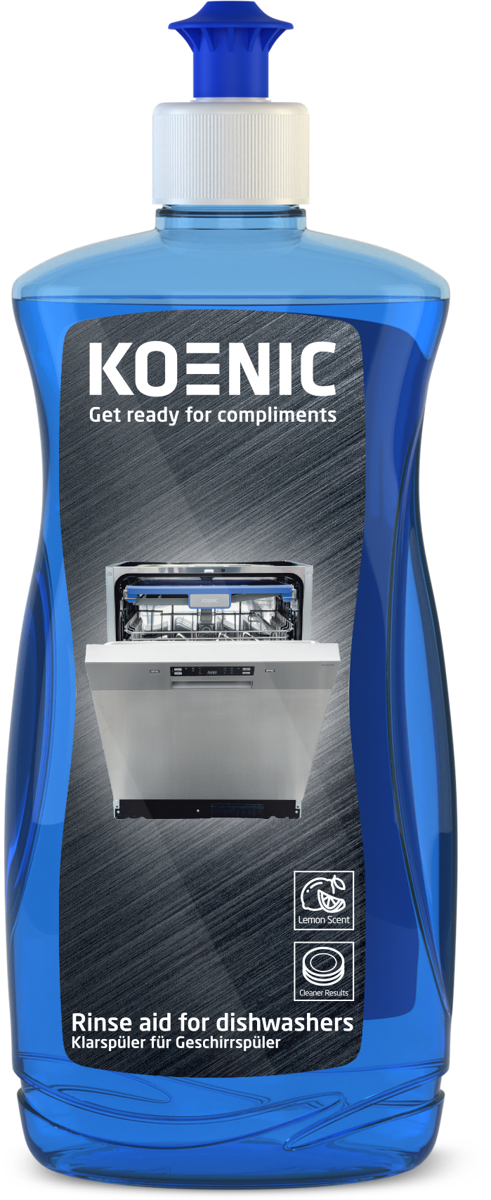 Blue bottle of Koenic rinse aid for dishwashers with a dishwasher image, lemon scent, and cleaner results shown.