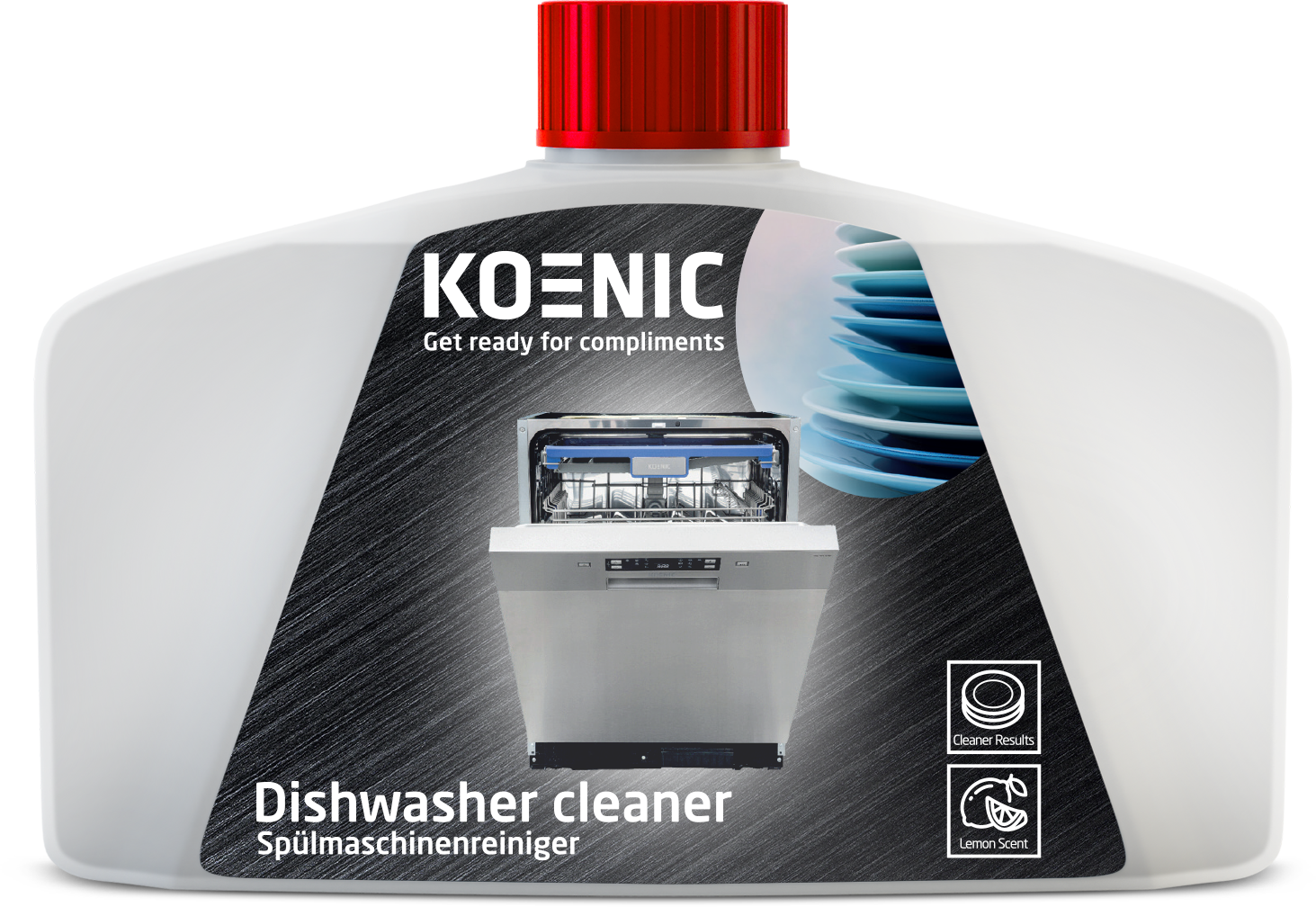 Dishwasher cleaner bottle with red cap. It shows a dishwasher image. Text: Koenic, Dishwasher cleaner, and Lemon Scent.