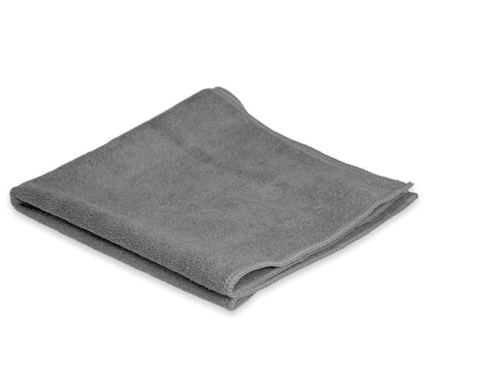 A folded, gray microfiber cloth lies on a white surface. The cloth is rectangular and appears soft, with visible texture and folded edges.