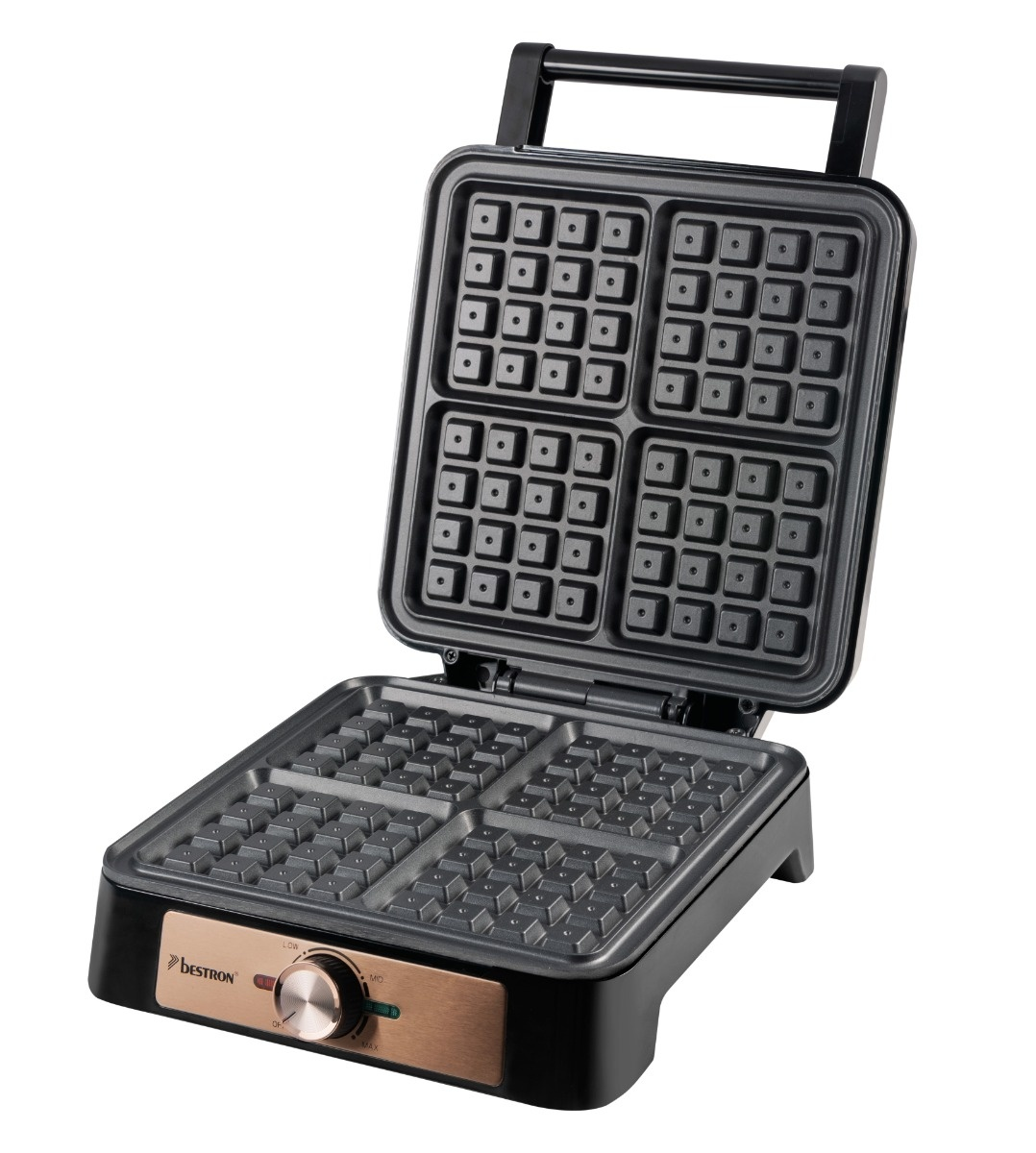 Offenes Waffeleisen mit vier quadratischen Abschnitten. Schwarz und Bronze. Griff oben. Bestron-Logo.