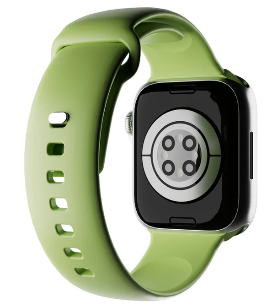 Eine grüne Smartwatch, die Rückseite und das Armband zeigend. Das Zifferblatt ist schwarz. Das Armband ist hellgrün.