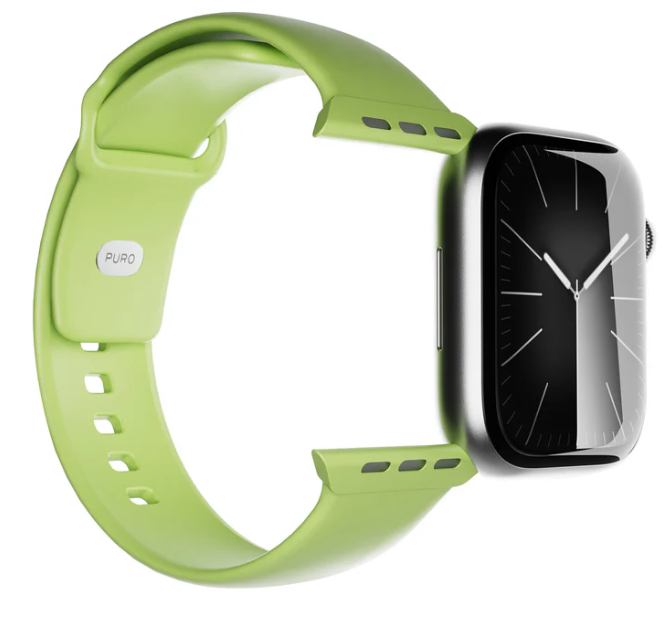 Eine Smartwatch mit grünem Armband. Das Zifferblatt ist schwarz mit weißen Zeigern. Auf dem Armband steht 'PURO'.