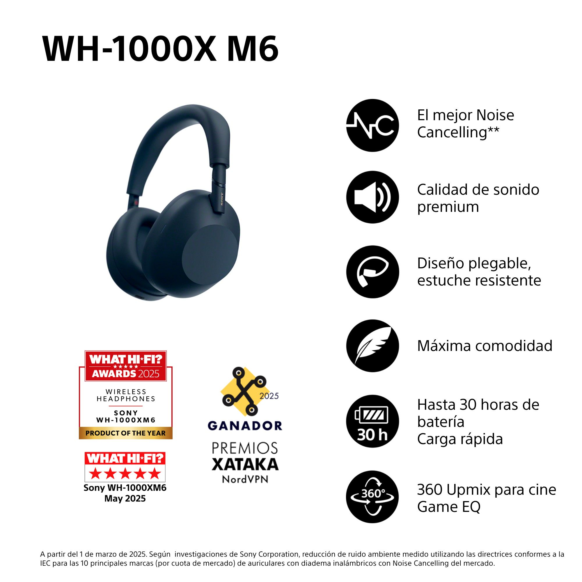 Auriculares Sony WH-1000XM6 azul oscuro, con premios y características. Incluye cancelación de ruido y batería de 30 horas.