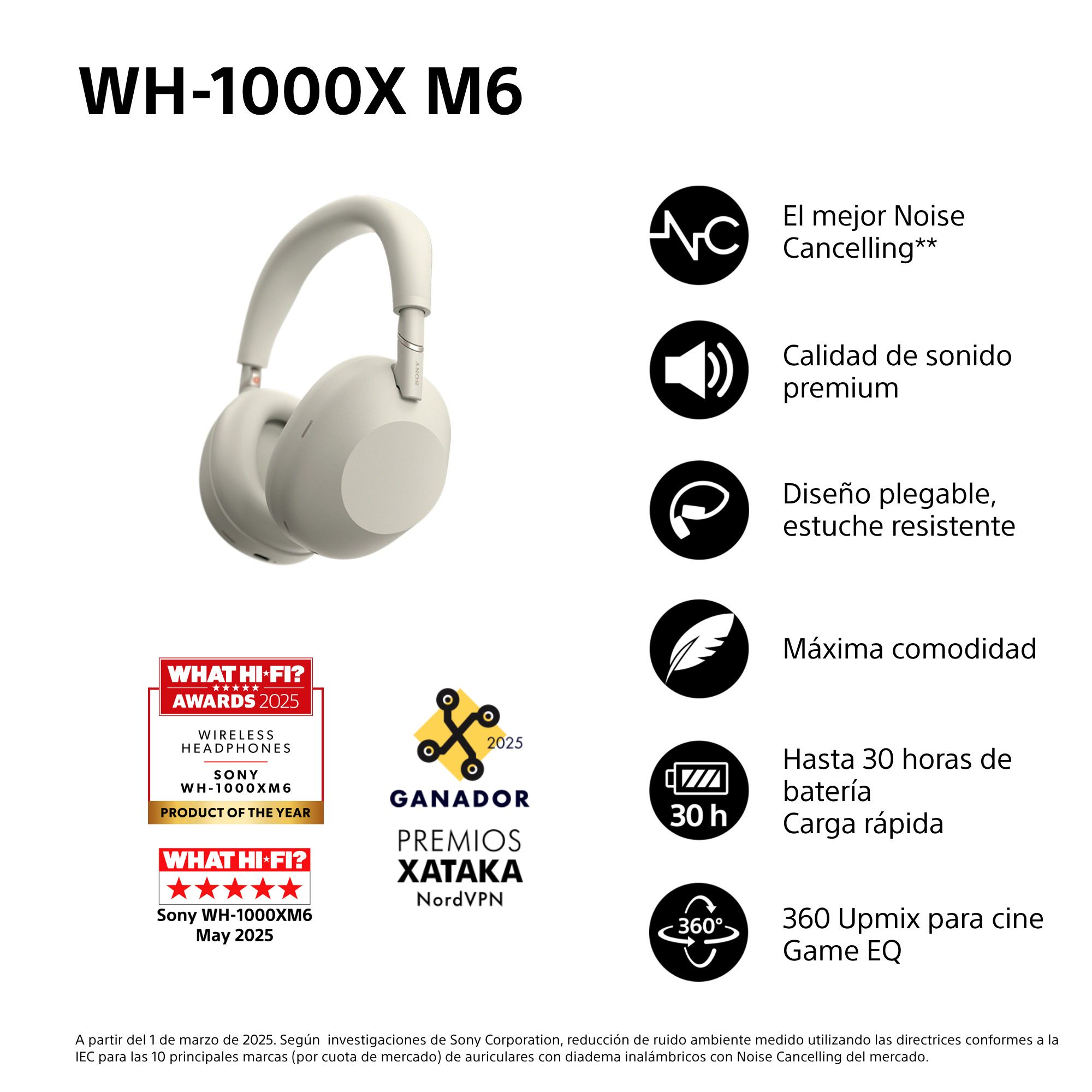 Auriculares Sony WH-1000XM6 crema. El texto destaca la cancelación de ruido, sonido premium y premios. Incluye logotipos e iconos.
