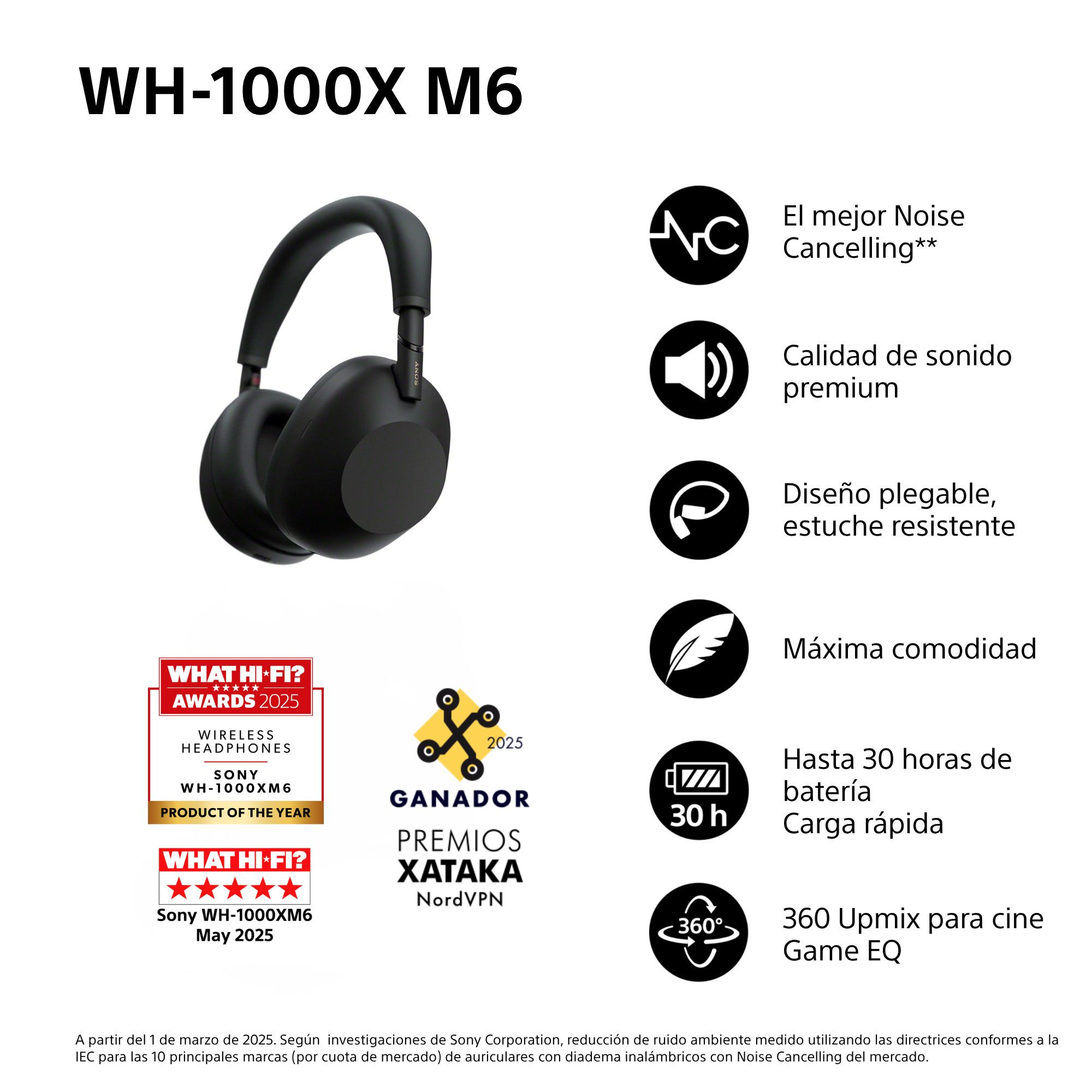 Auriculares negros Sony WH-1000XM6. Logos de premios y texto sobre cancelación de ruido, calidad de sonido y duración batería.