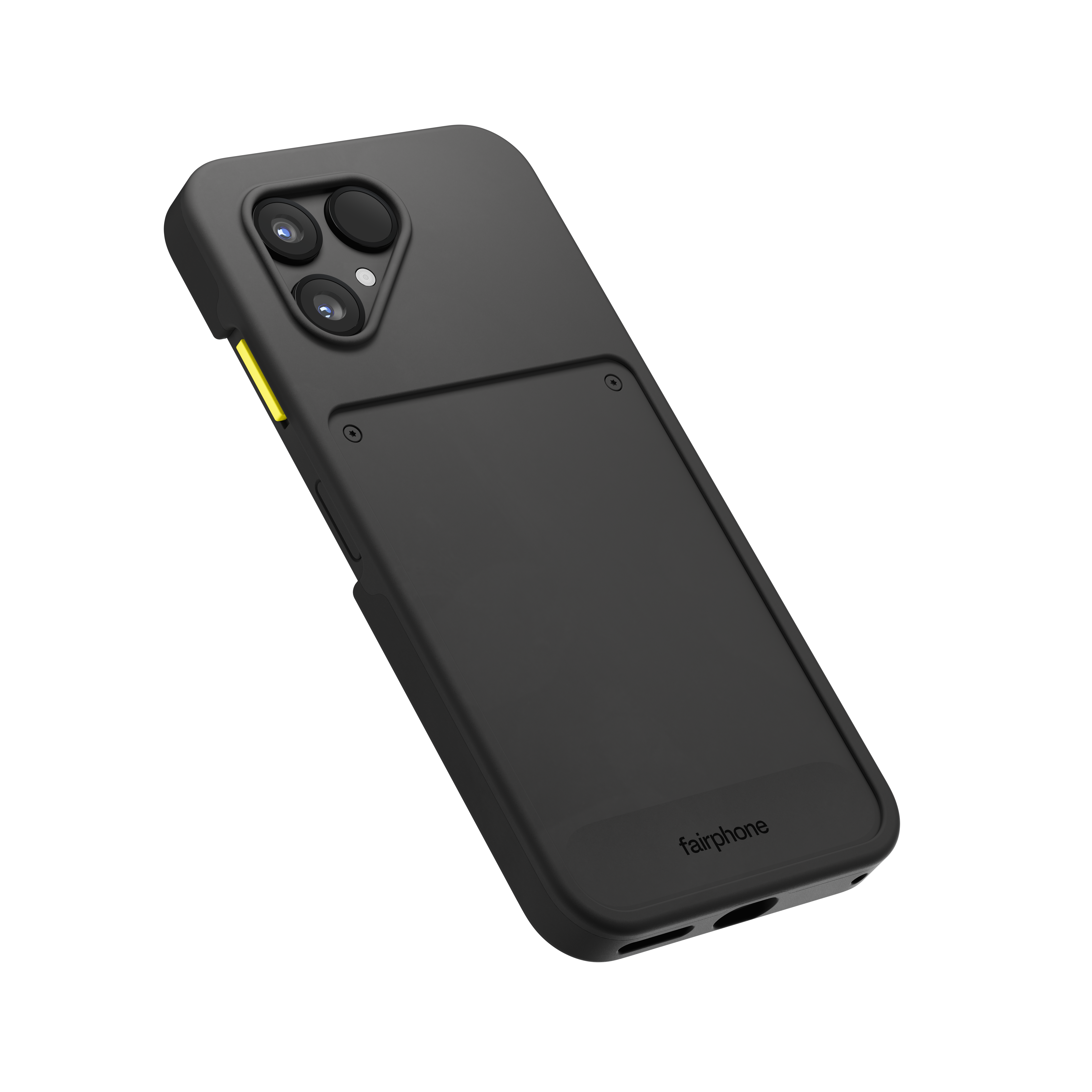 Schwarze Handyhülle mit Kameralinsen, gelbem Akzent und Fairphone-Logo auf weißem Hintergrund.