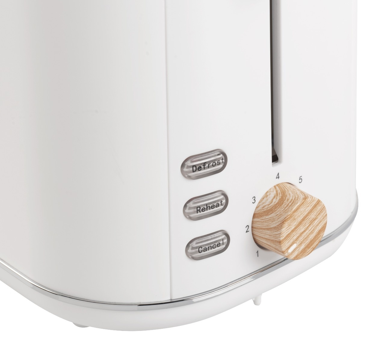 Ein weißer Toaster mit Holzknauf. Er hat Auftau-, Aufwärm- und Abbruchtasten. Zahlen 1-5 zeigen Bräunungsstufen an.