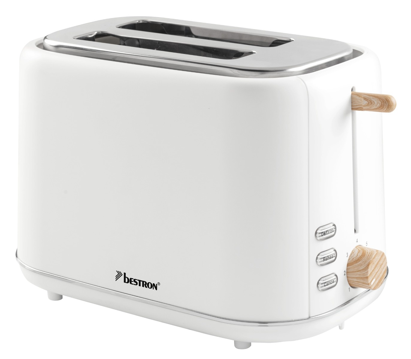 Ein weißer Toaster mit silberner Oberseite, Holzgriff und Bedienelementen. Der Markenname Bestron ist sichtbar. Der Toaster steht auf einer weißen Oberfläche.