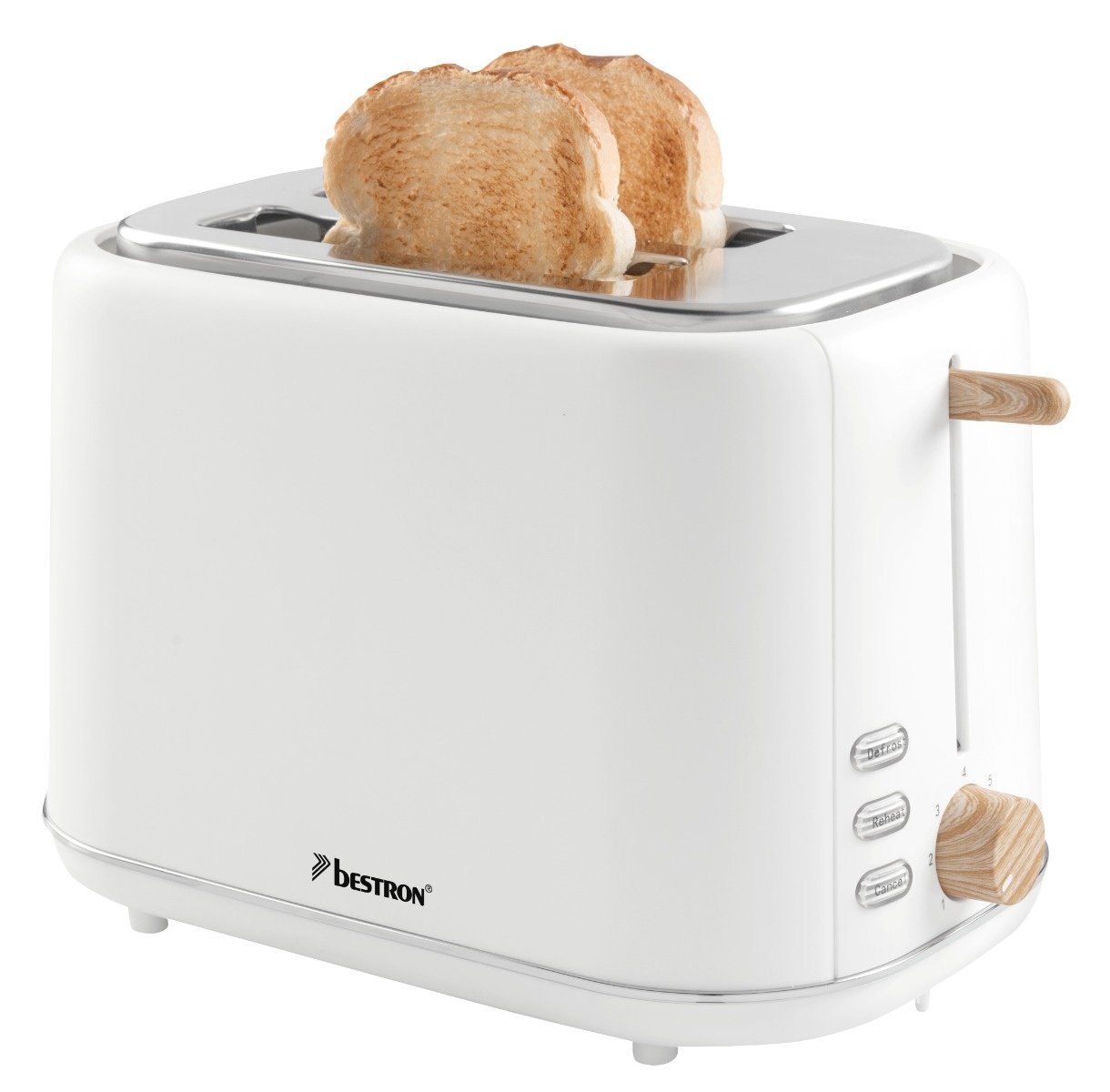 Ein weißer Toaster mit zwei Toastscheiben. Er hat Holzakzente und Bedienknöpfe. Die Marke ist Bestron.