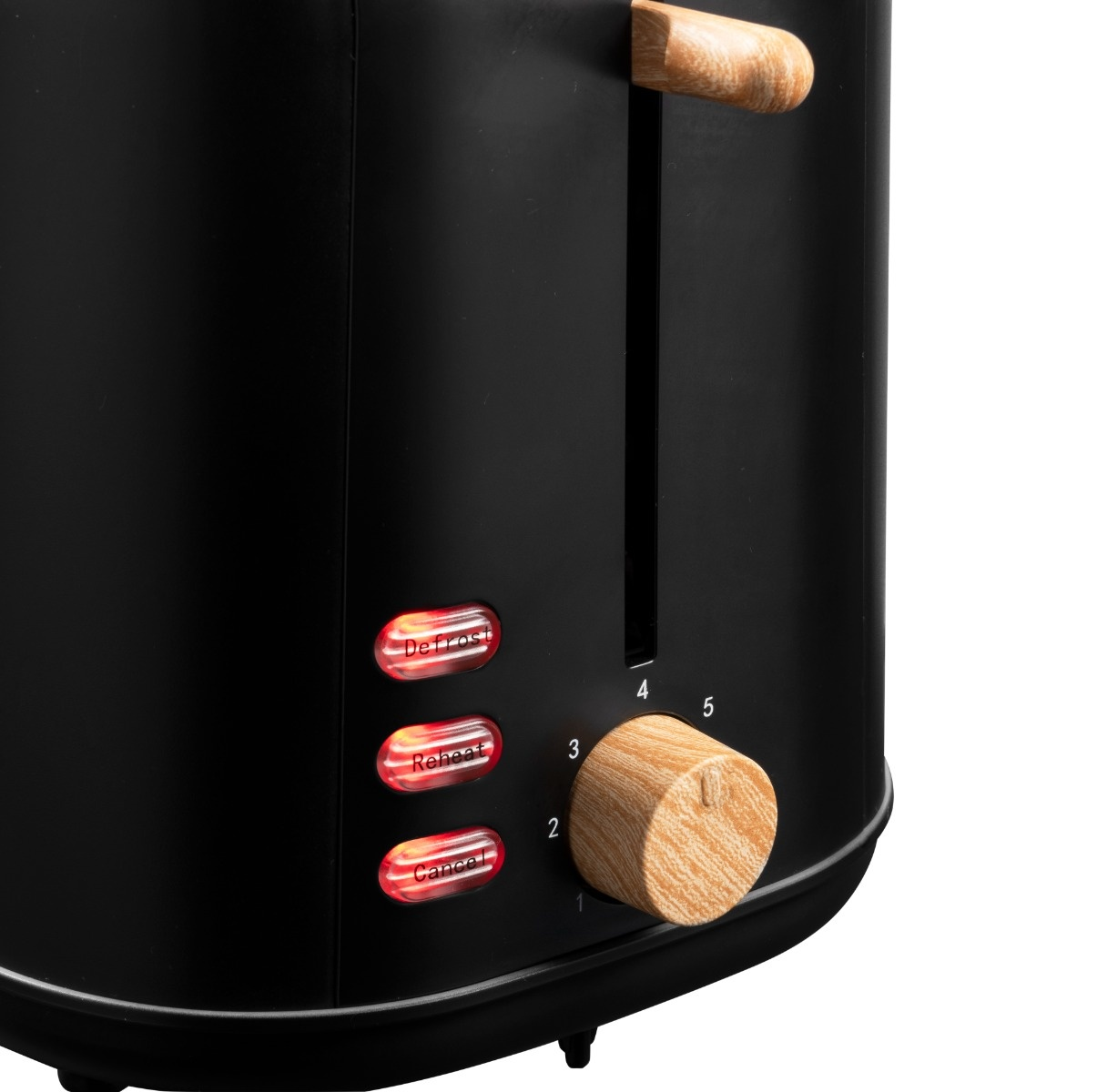 Schwarzer Toaster mit Holzakzenten. Mit Auftau-, Aufwärm- und Abbruchtasten. Ein Drehregler steuert den Bräunungsgrad.