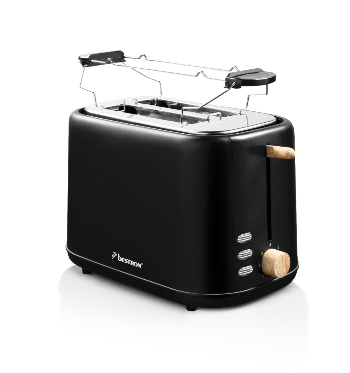 Ein schwarzer Toaster mit Bestron-Logo. Er hat einen Holzgriff und Bedienknöpfe. Die Oberseite hat einen Metallrost.