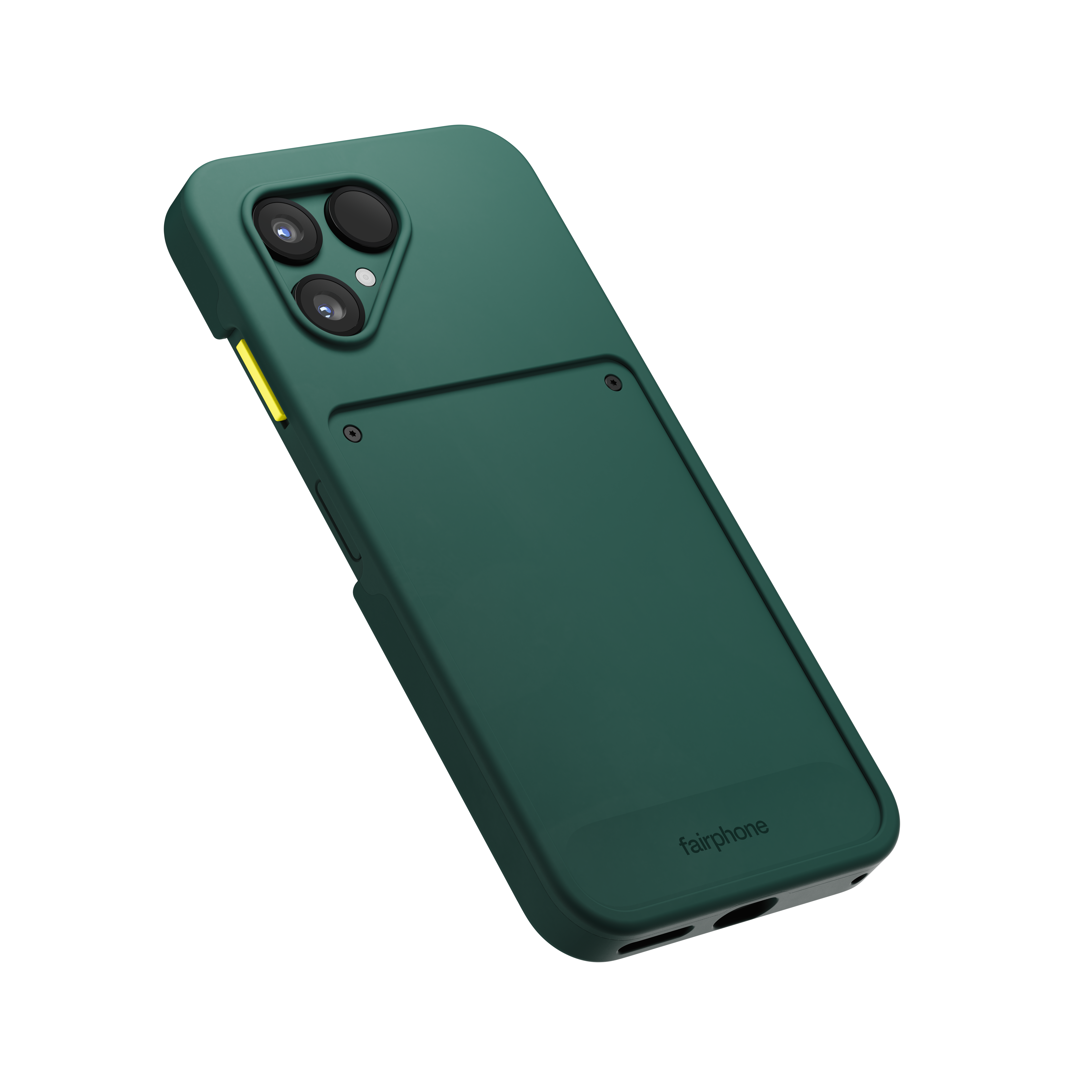 Grüne Handyhülle mit Kameralinsen, gelber Taste und Fairphone-Logo. Schräge Ansicht vor Weiß.