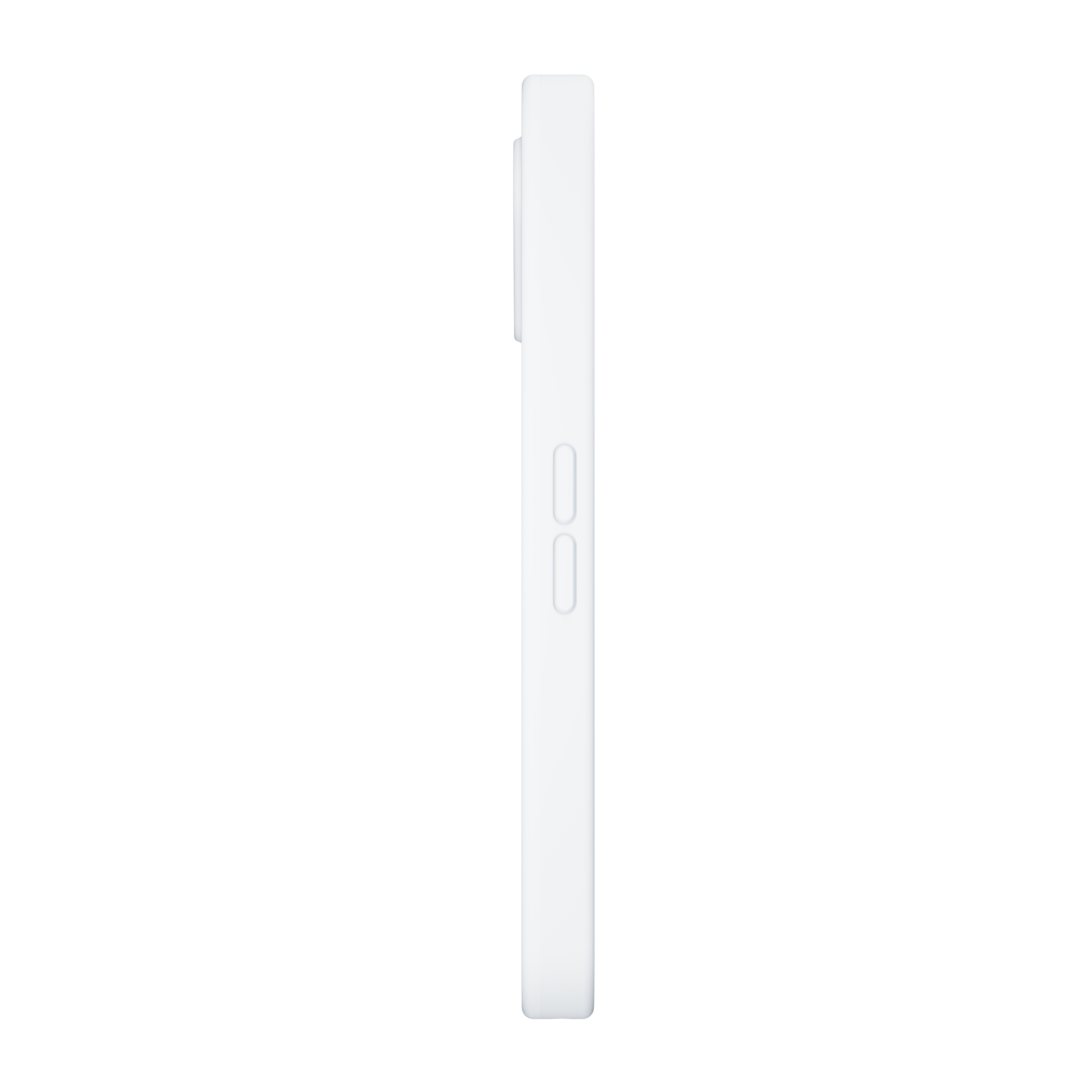 Seitenansicht einer weißen Smartphone-Hülle. Knöpfe sind an der Seite sichtbar. Der Hintergrund ist schwarz.