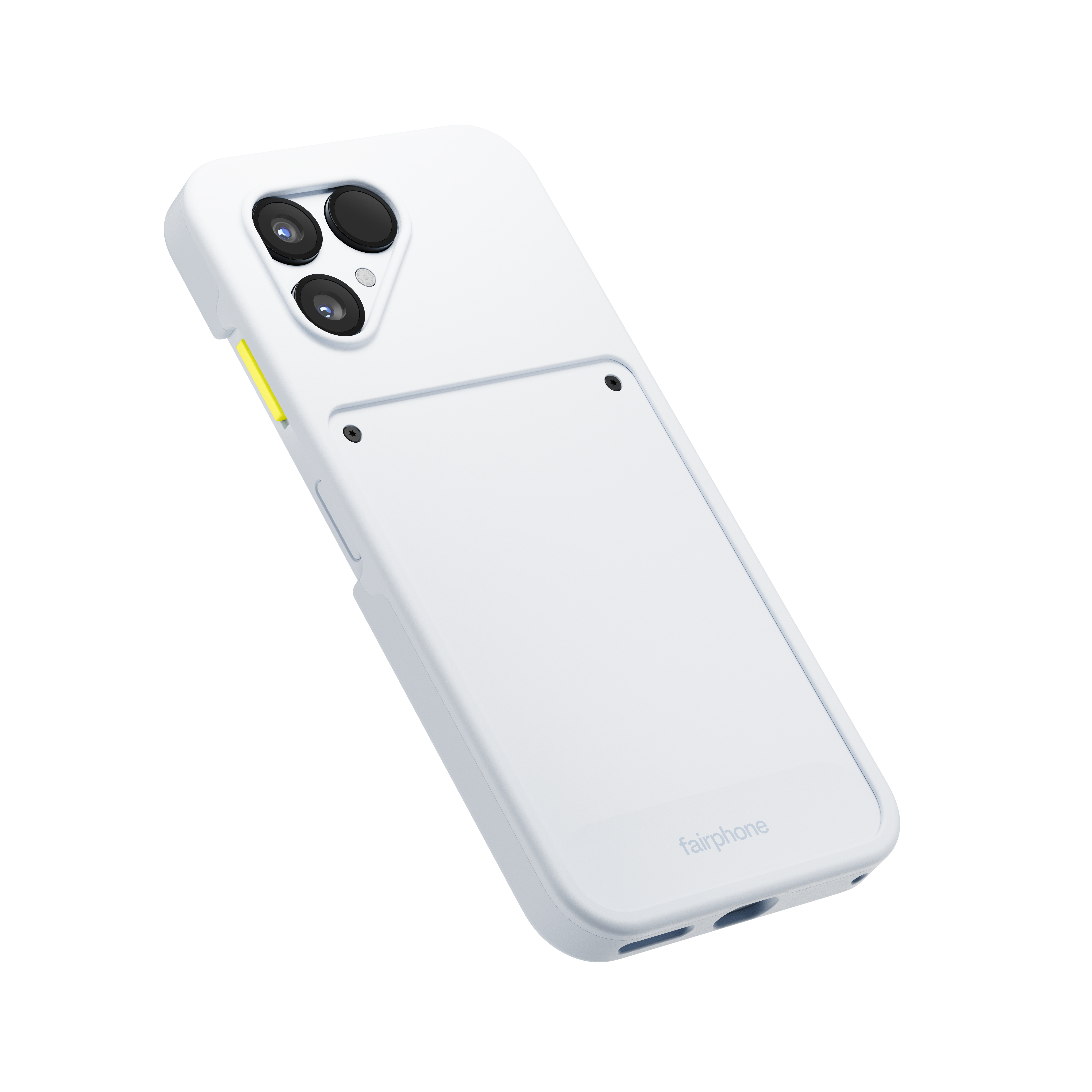 Eine weiße Fairphone-Handyhülle mit drei Kameralinsen. Die Einschalttaste ist gelb.