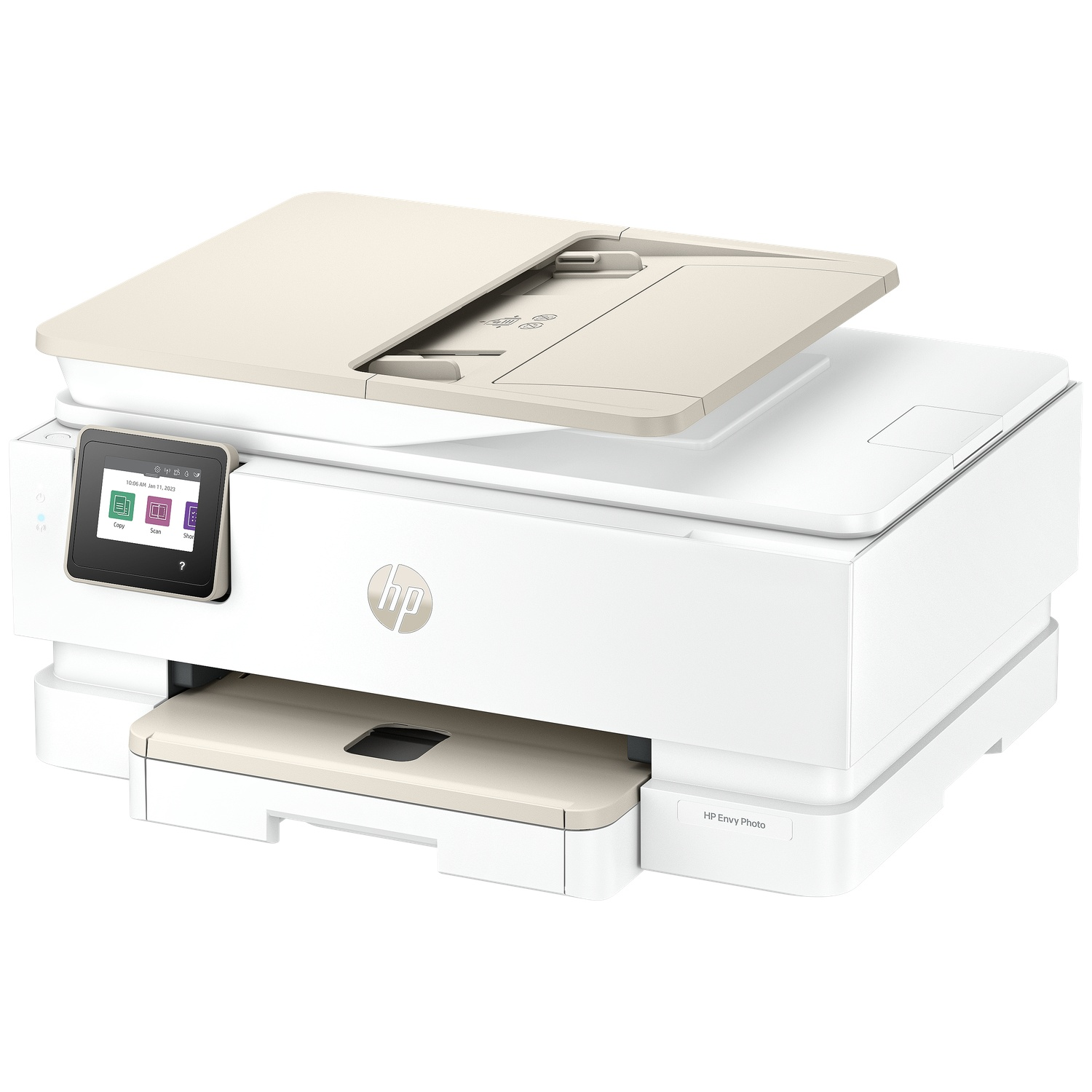 Een witte HP Envy Photo printer met een beige open deksel. De printer heeft een touchscreen en een papierlade. Het HP-logo is zichtbaar.