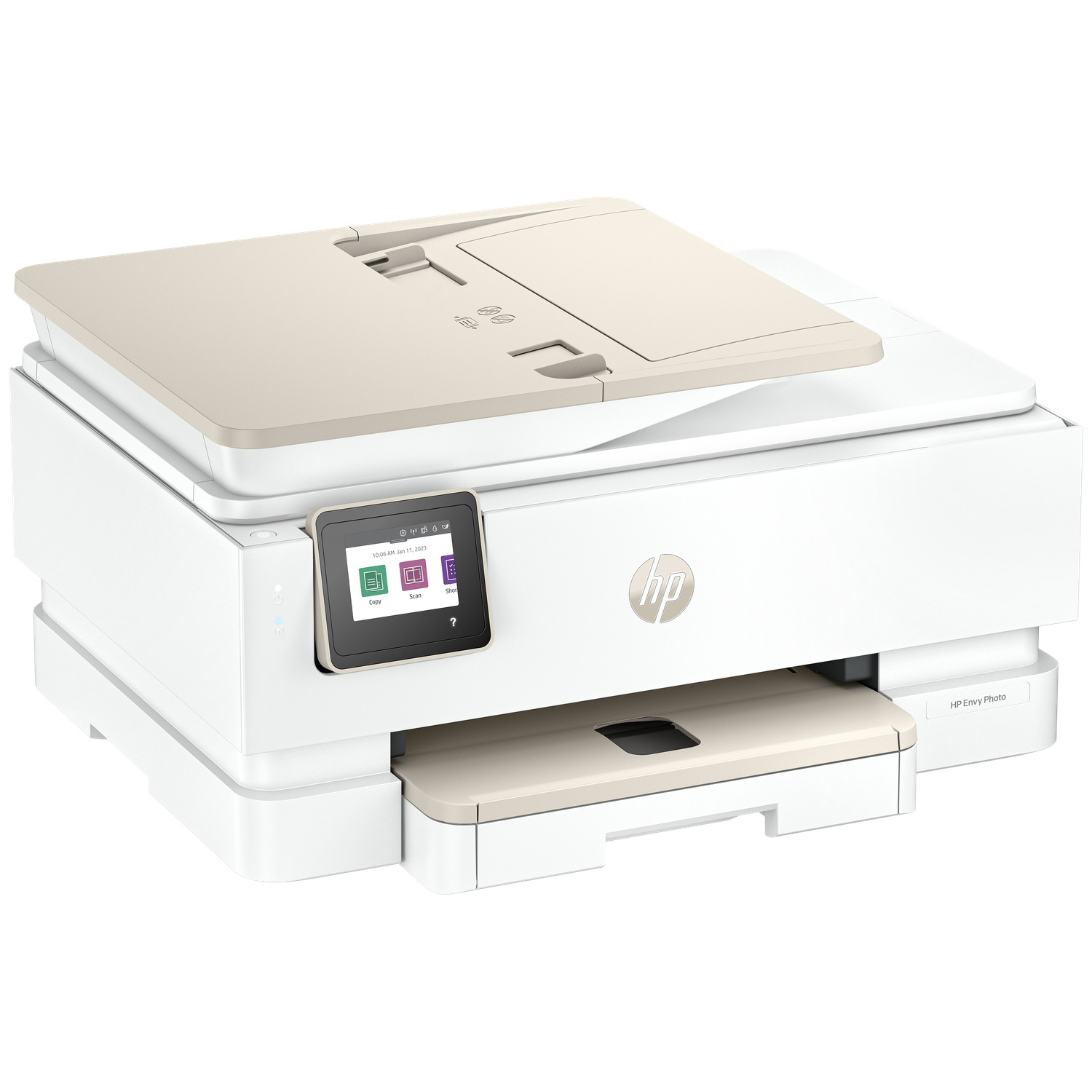 Een HP Envy Photo-printer, wit met beige accenten. Het heeft een touchscreen en een papierlade is zichtbaar. Het HP-logo staat vooraan.