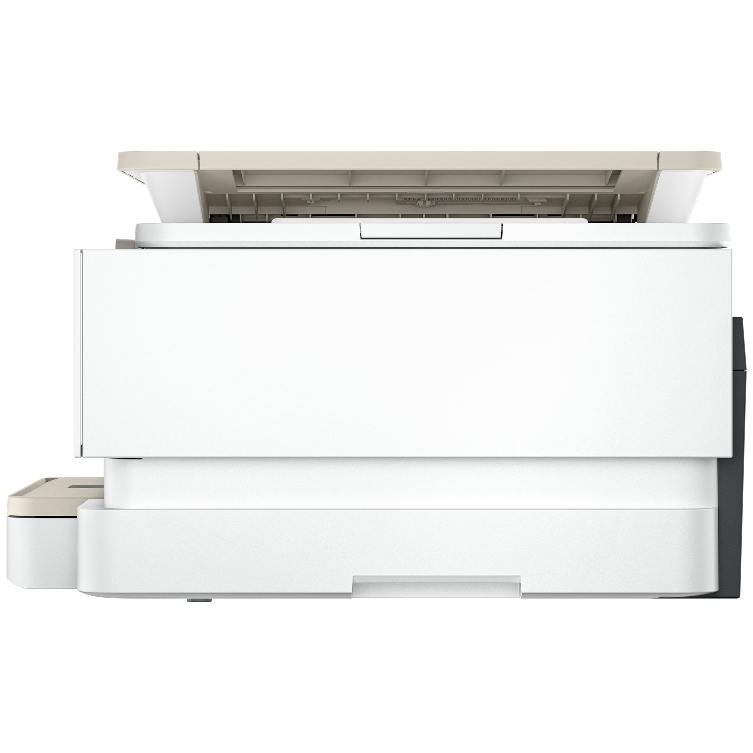 Een witte en beige printer wordt vanuit een hoge hoek getoond. De printer heeft een scanner bovenop en een papierlade beneden.