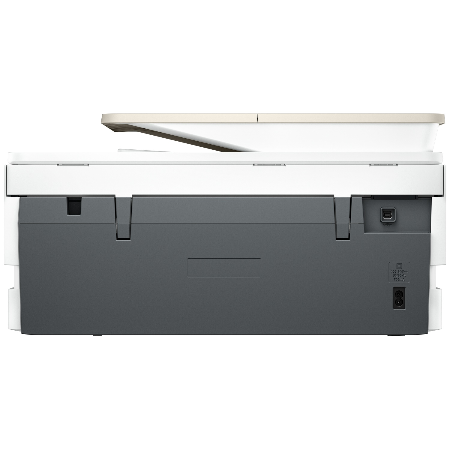 De achterkant van een witte en grijze printer. Het heeft een USB-poort, stroomingang en een beige scannerdeksel.