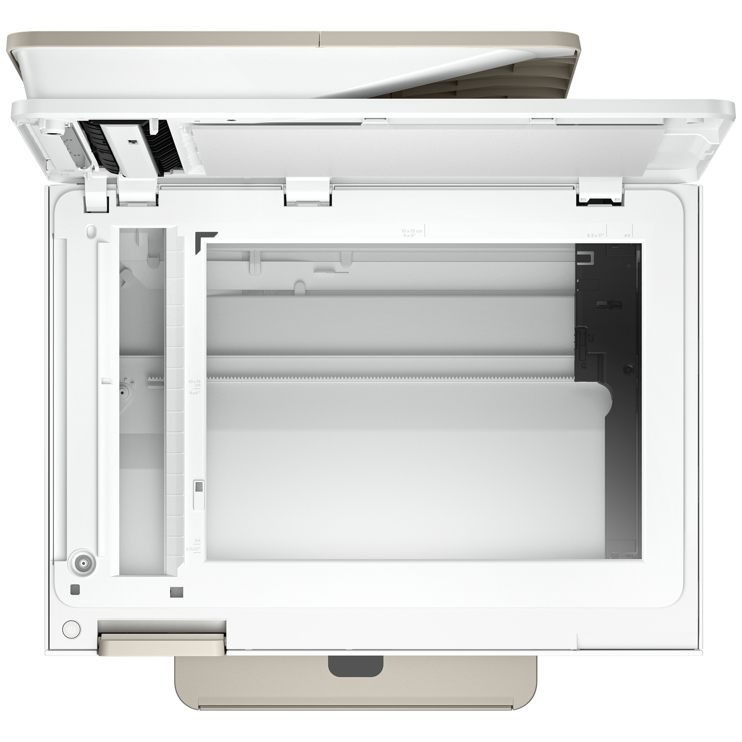 Bovenaanzicht van een witte en beige scanner. De klep is open. Binnenin de scanner is een glazen oppervlak.