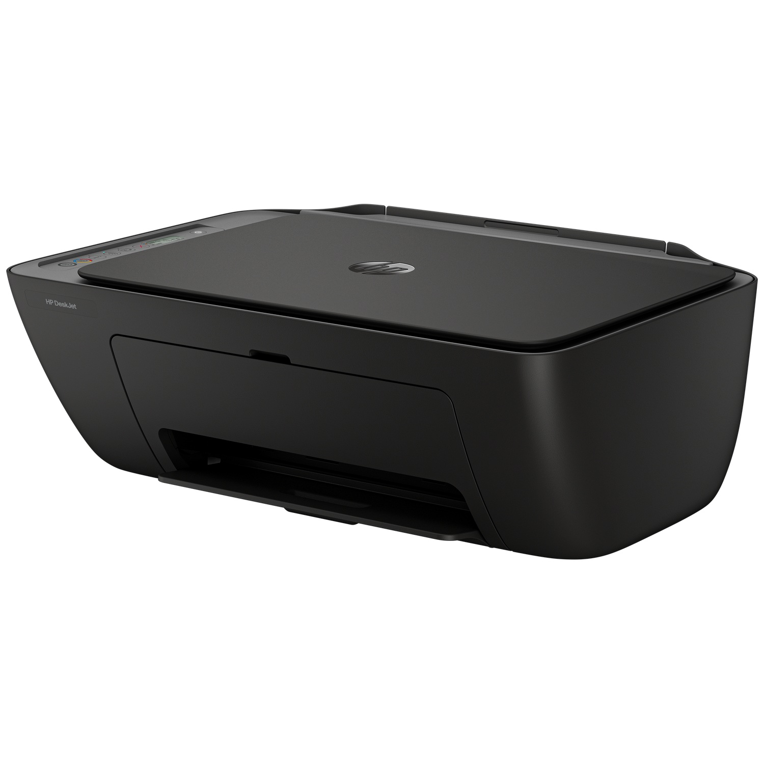 A black HP DeskJet printer. It has a flat top with the HP logo and a paper output tray at the front.