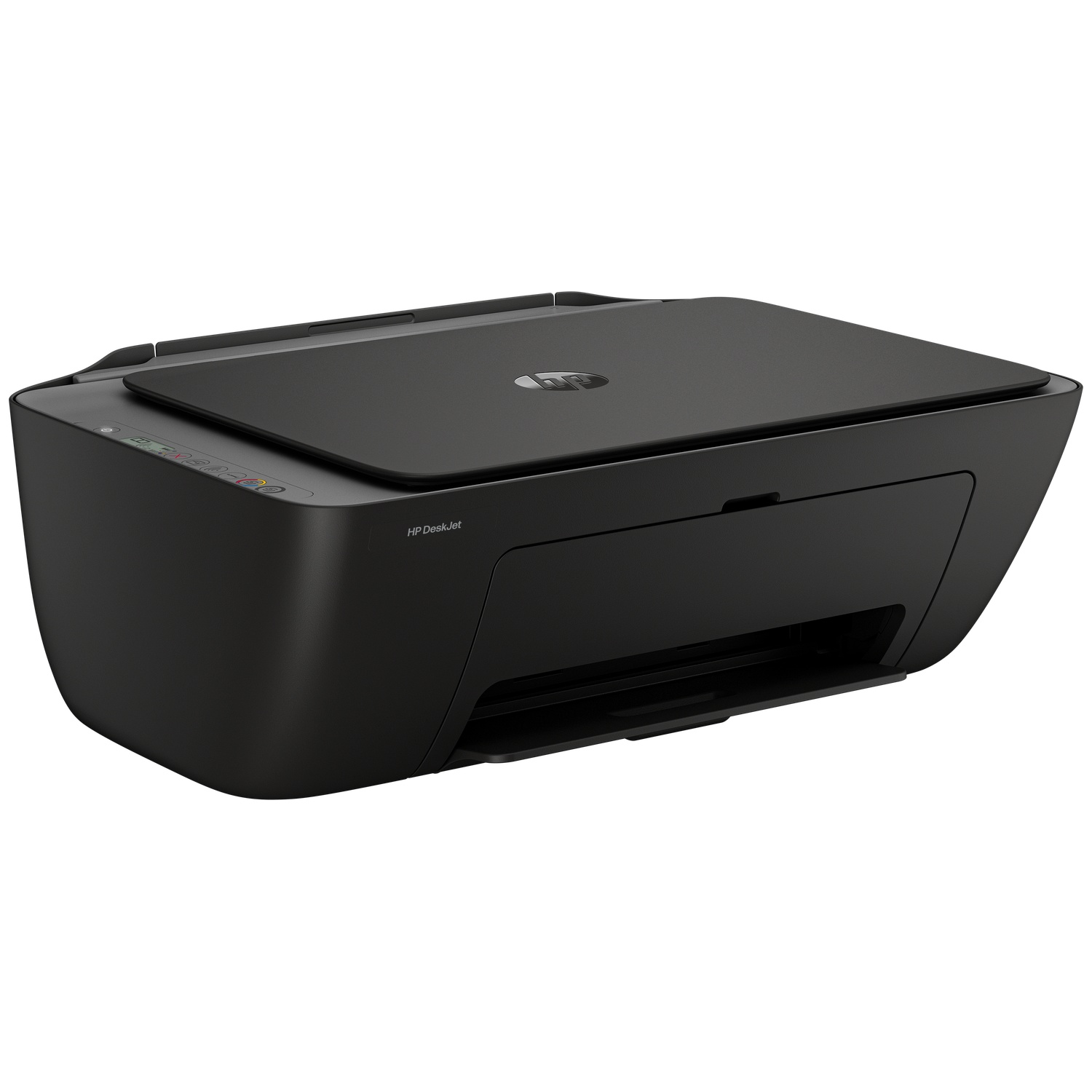 A black HP DeskJet printer. It has a flat top, a paper output tray, and the HP logo. It is isolated on white background.