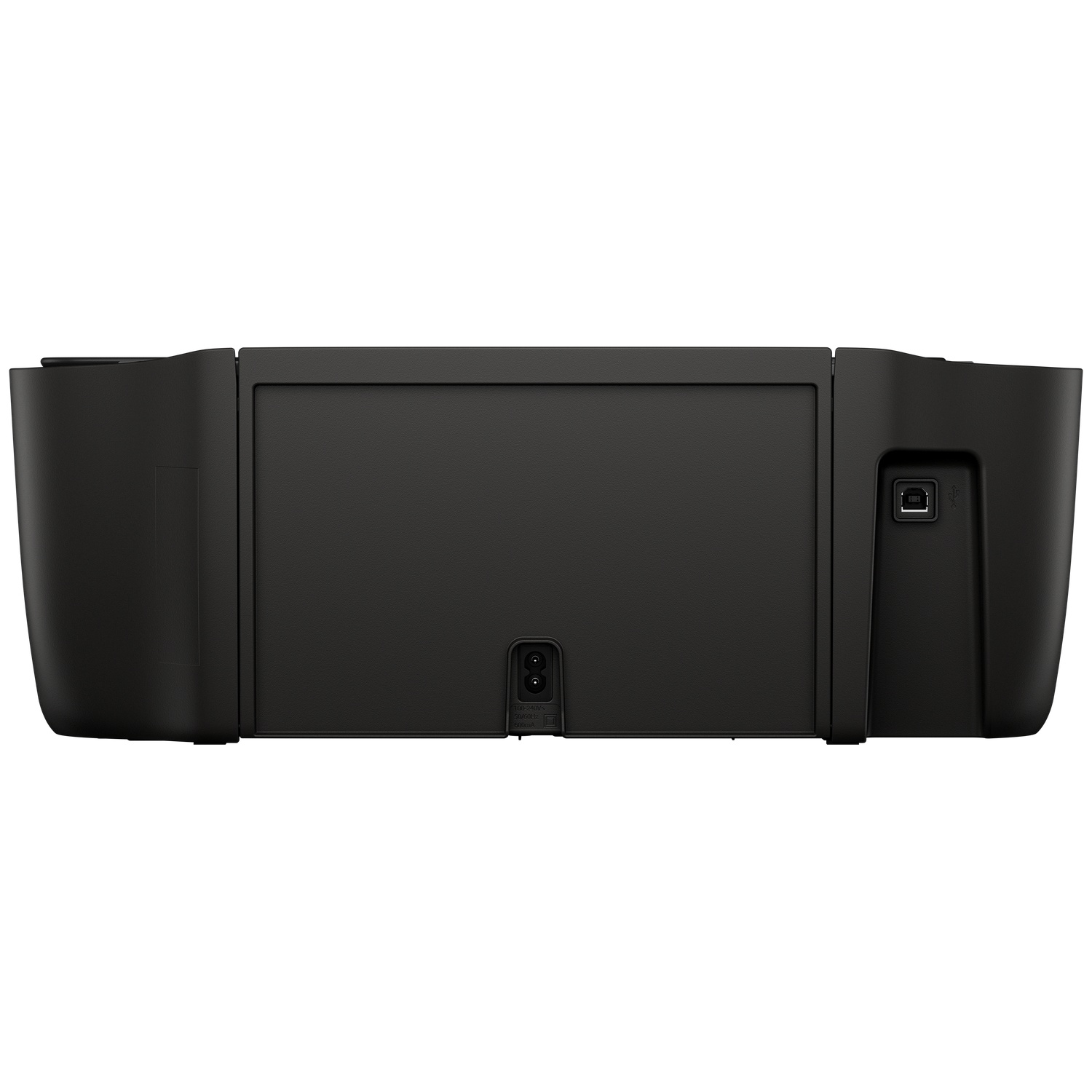 The back of a black printer is shown. It has power and USB ports. The background is white.