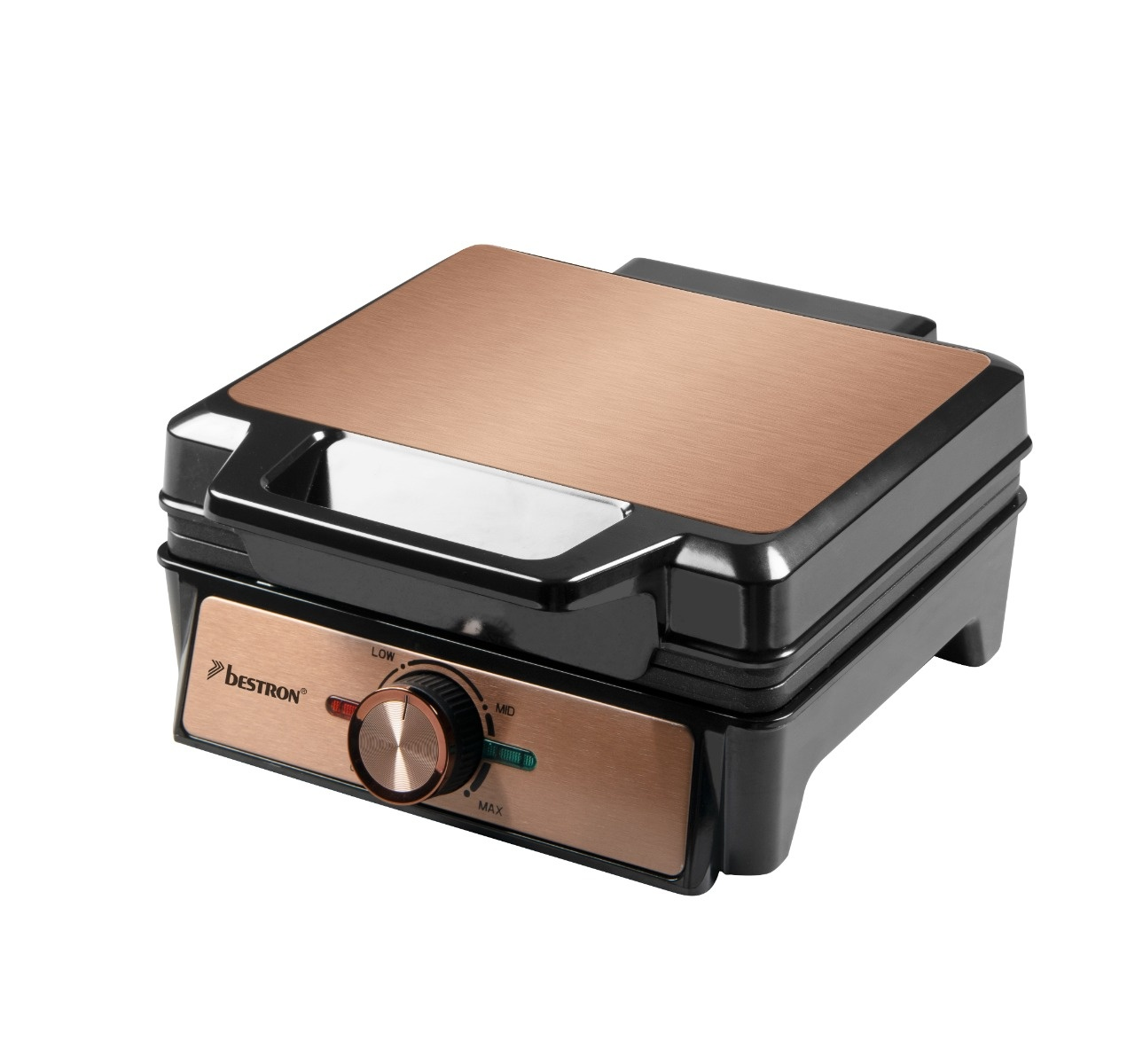 Ein schwarzer und kupferfarbener Waffeleisen mit Bestron-Logo und Drehregler mit Einstellungen LOW, MID und MAX.