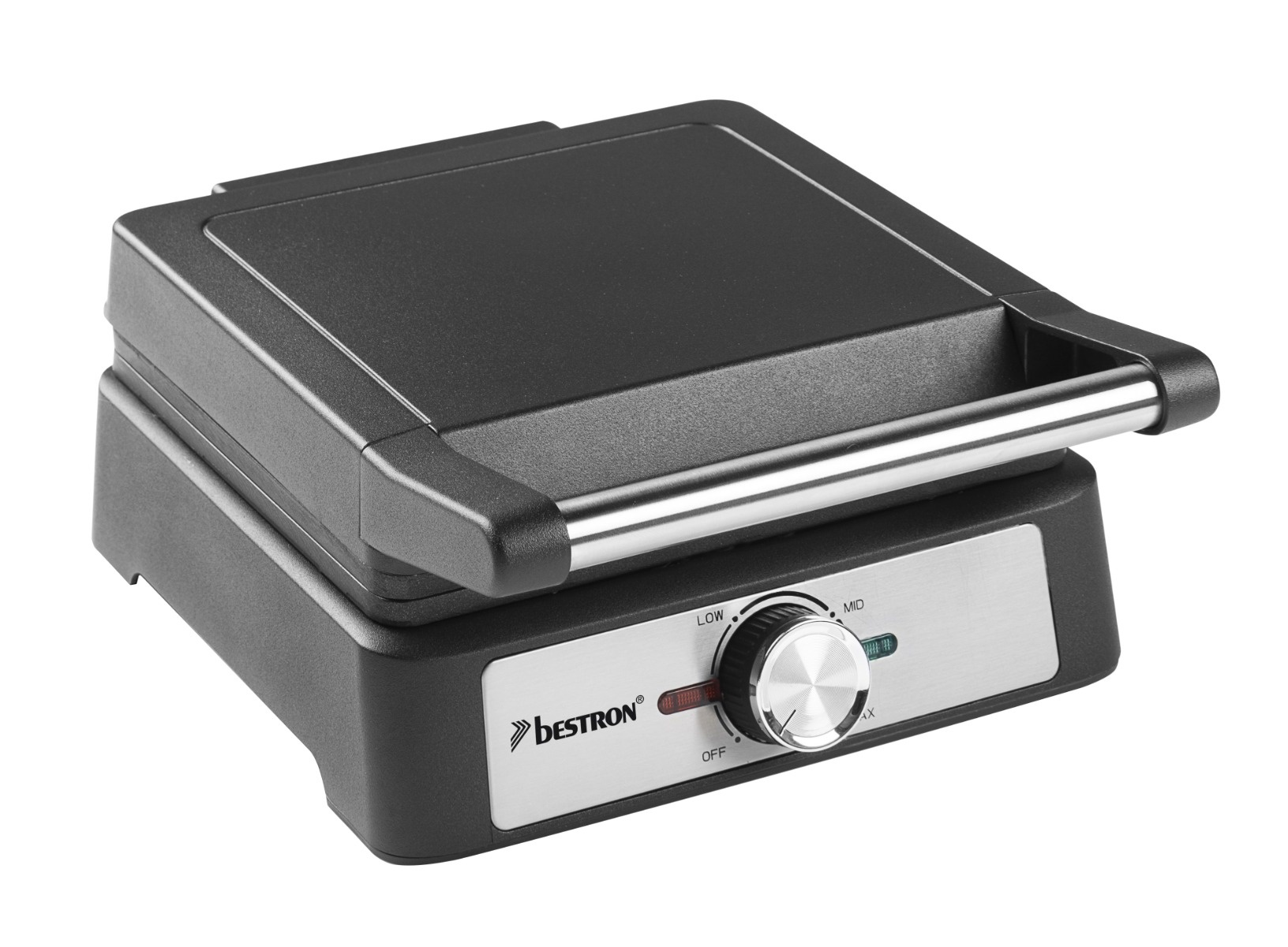 Ein schwarzer Panini-Grill mit silbernem Griff und Bedienknopf. Der Markenname Bestron ist auf der Frontplatte sichtbar.