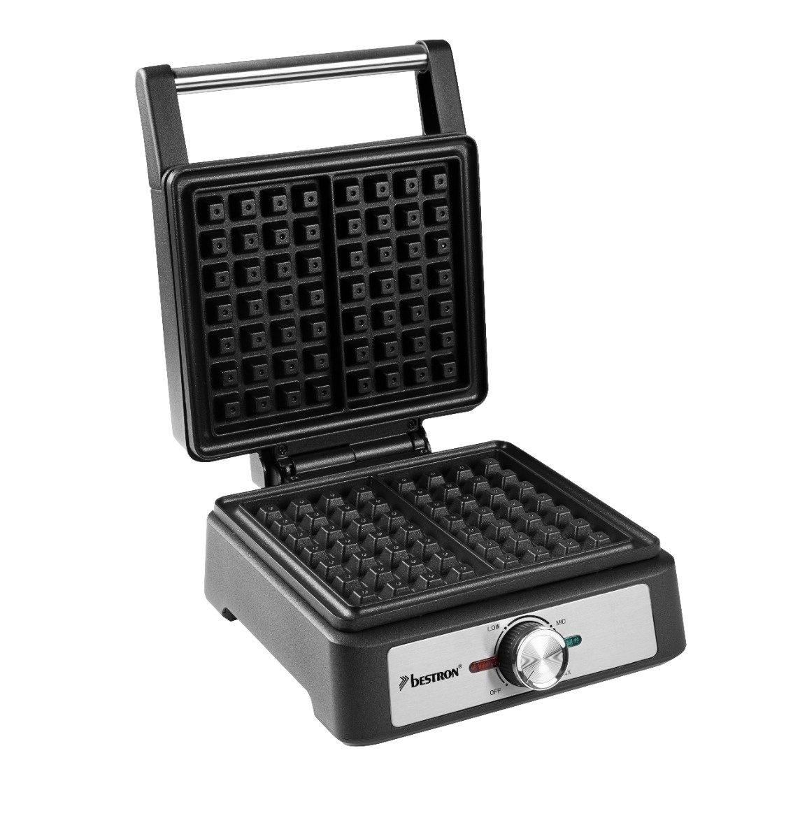 Offener schwarzer Waffeleisen mit Griff, zeigt die Grillplatte. Ein silbernes Zifferblatt mit dem Logo 'Bestron'.