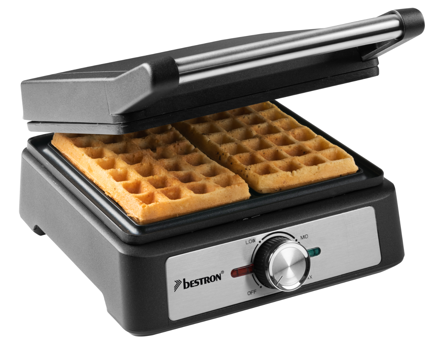 Ein Waffeleisen mit zwei goldbraunen Waffeln. Der Deckel ist geöffnet. Ein Drehregler zeigt Einstellungen.