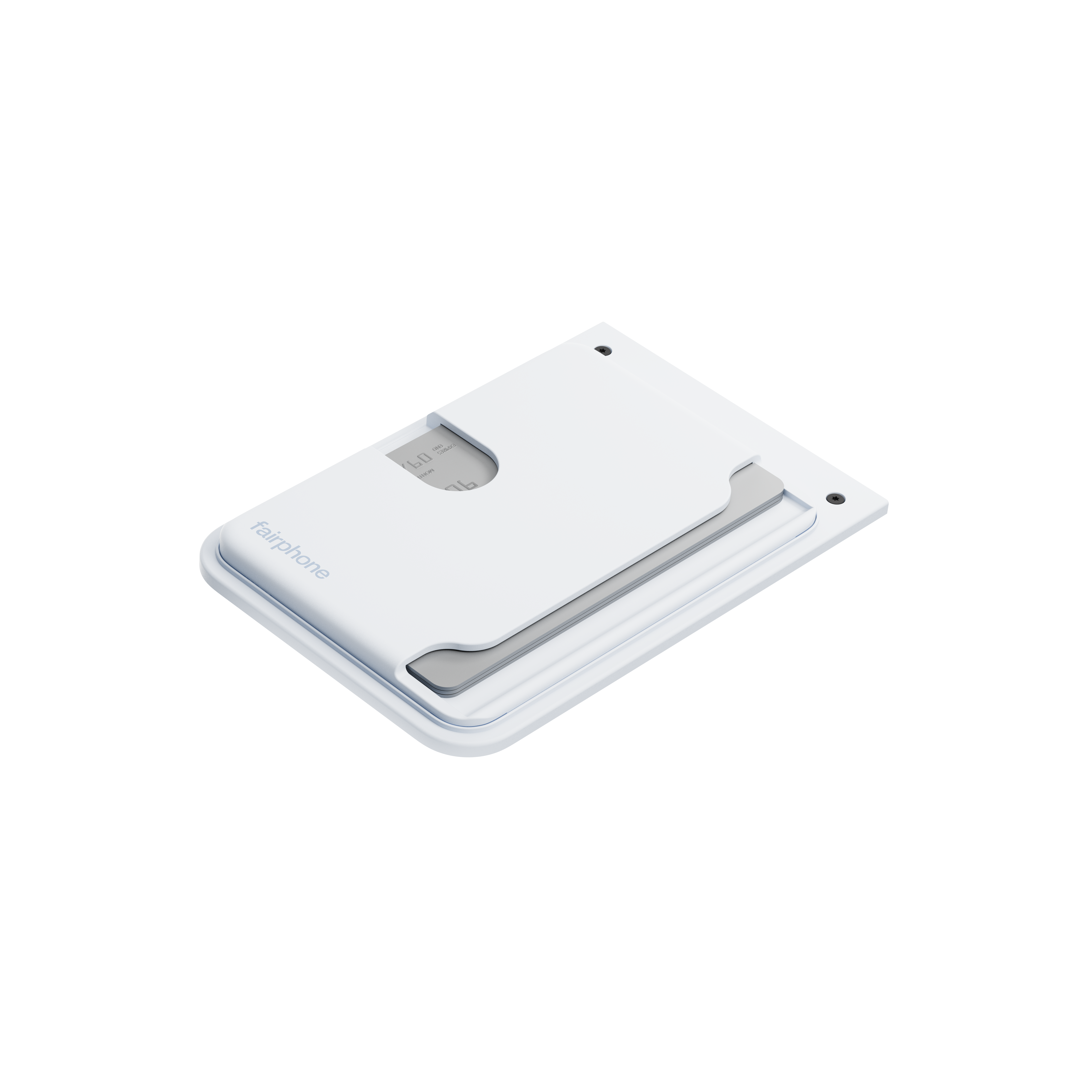 Ein weißer Fairphone-Kartenhalter auf schwarzem Hintergrund. Er hat einen Steckplatz für Karten und einen SIM-Kartenausschnitt.