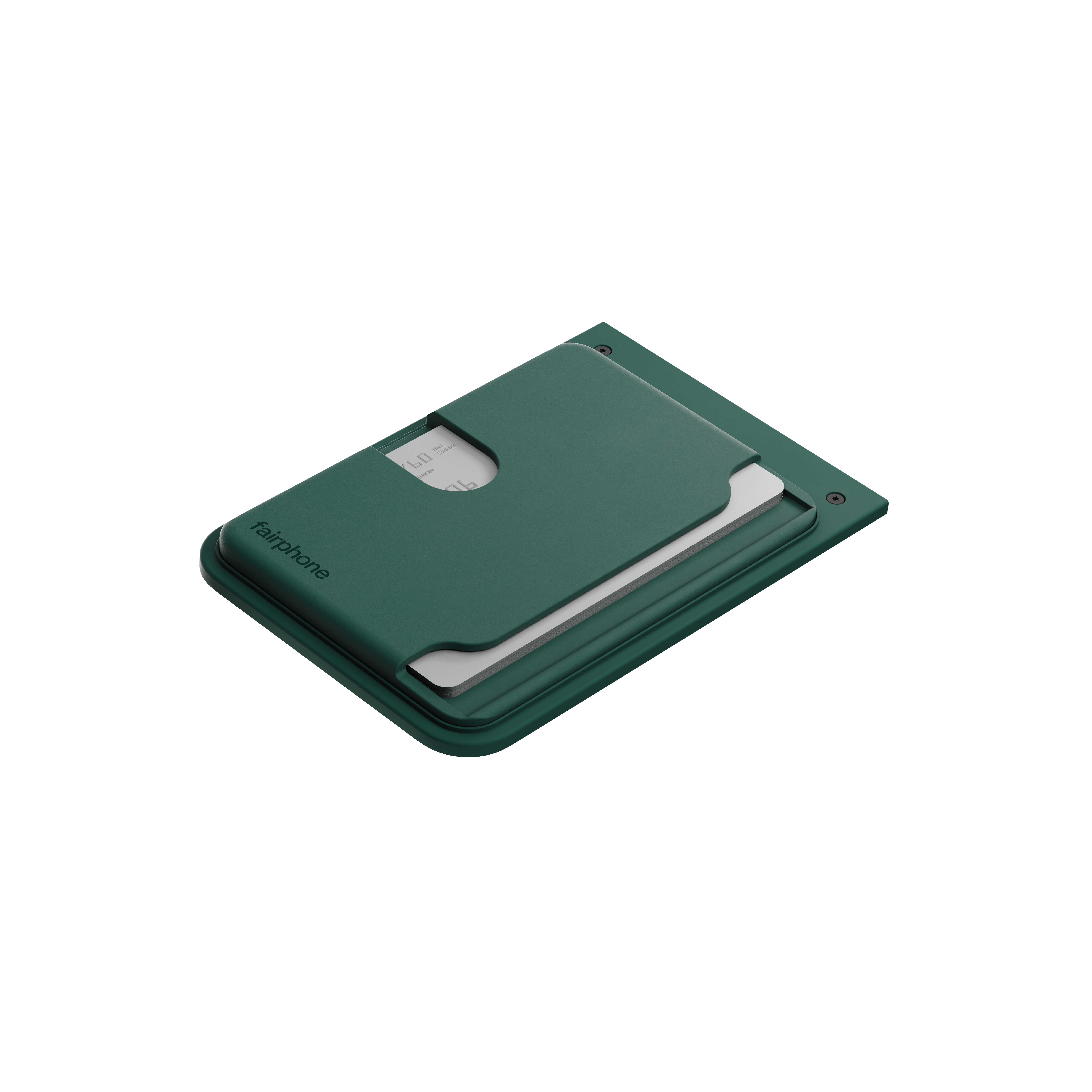 Eine grüne Brieftasche mit teilweise sichtbarer Karte, vor schwarzem Hintergrund. Der Markenname 'fairphone' ist sichtbar.