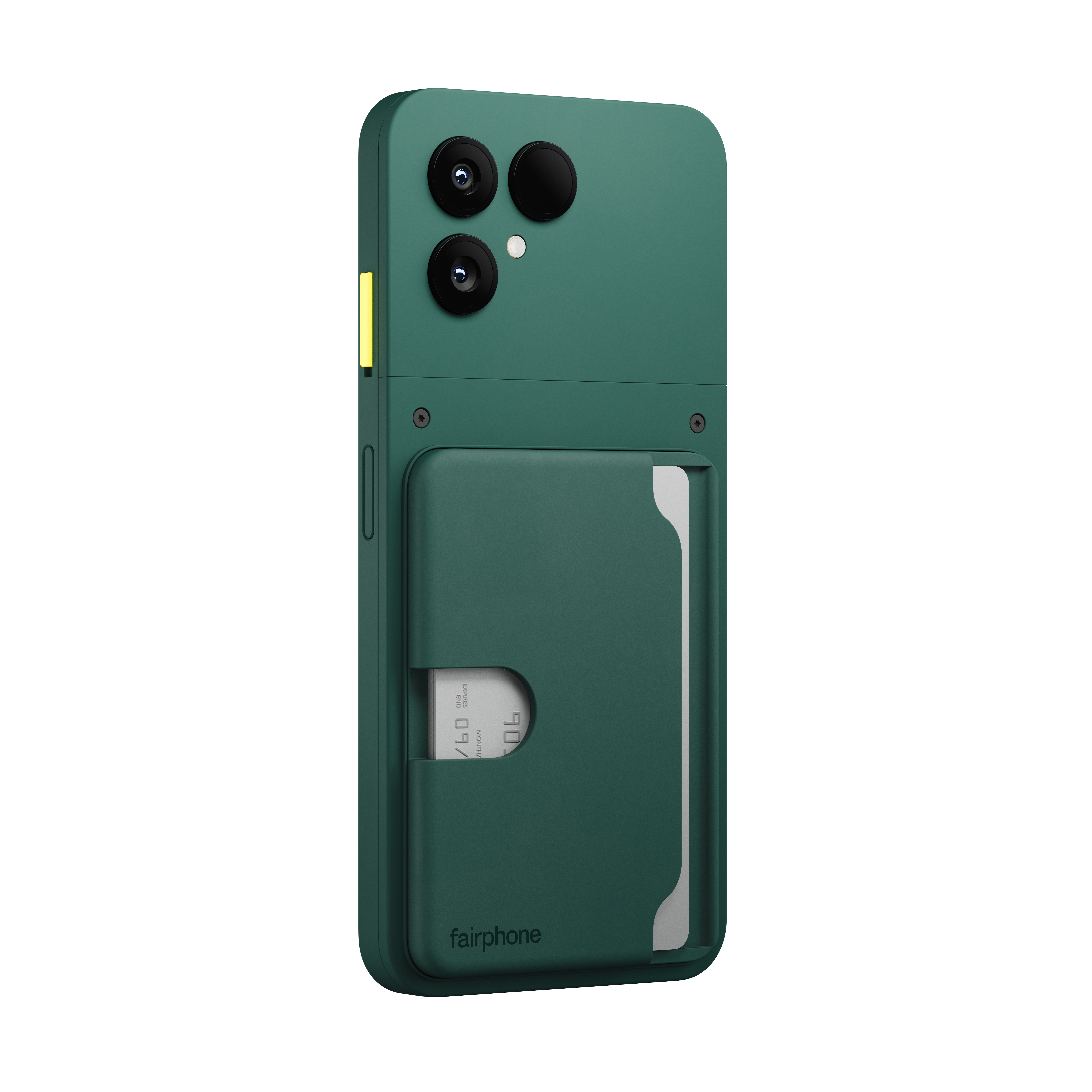 Grüne Handyhülle mit Kameralinsen, Kartenhalter mit Kreditkarte und Fairphone-Logo.