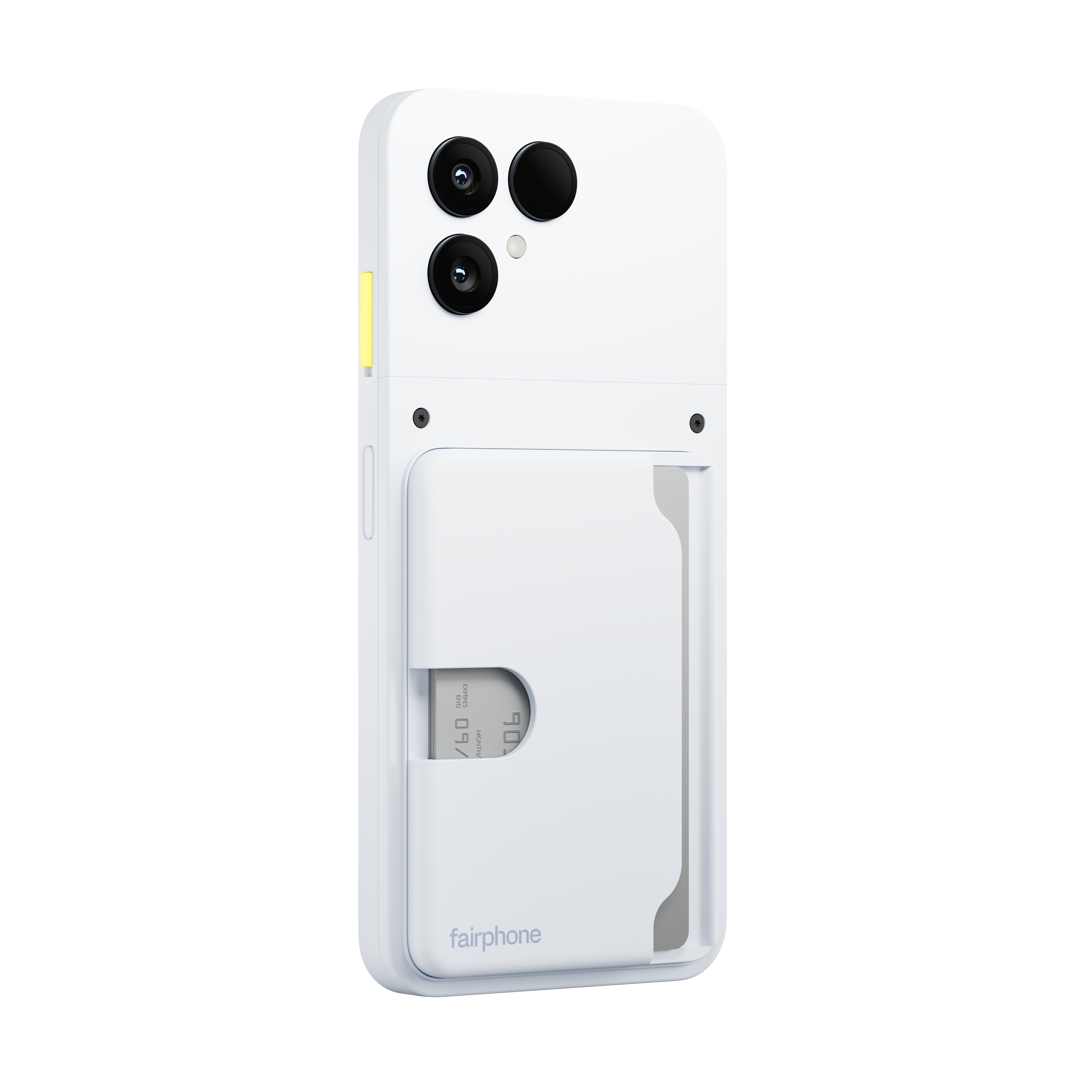Weiße Handyhülle mit drei Kameralinsen, einem Kartenfach und dem Fairphone-Logo. Eine Kreditkarte ist teilweise sichtbar.