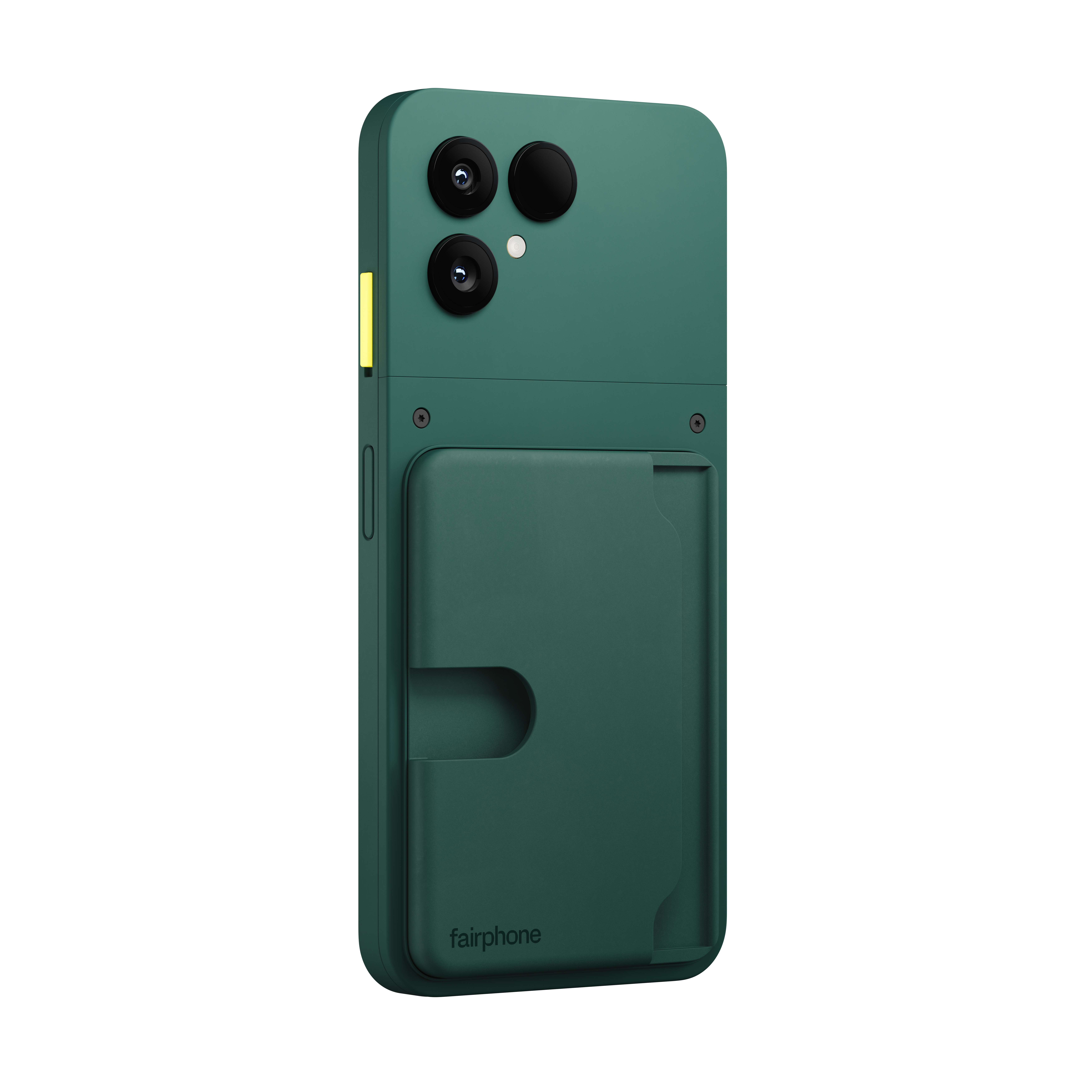 Grüne Fairphone-Hülle mit drei Kameralinsen und Kartenhalter. Der Markenname steht unten.