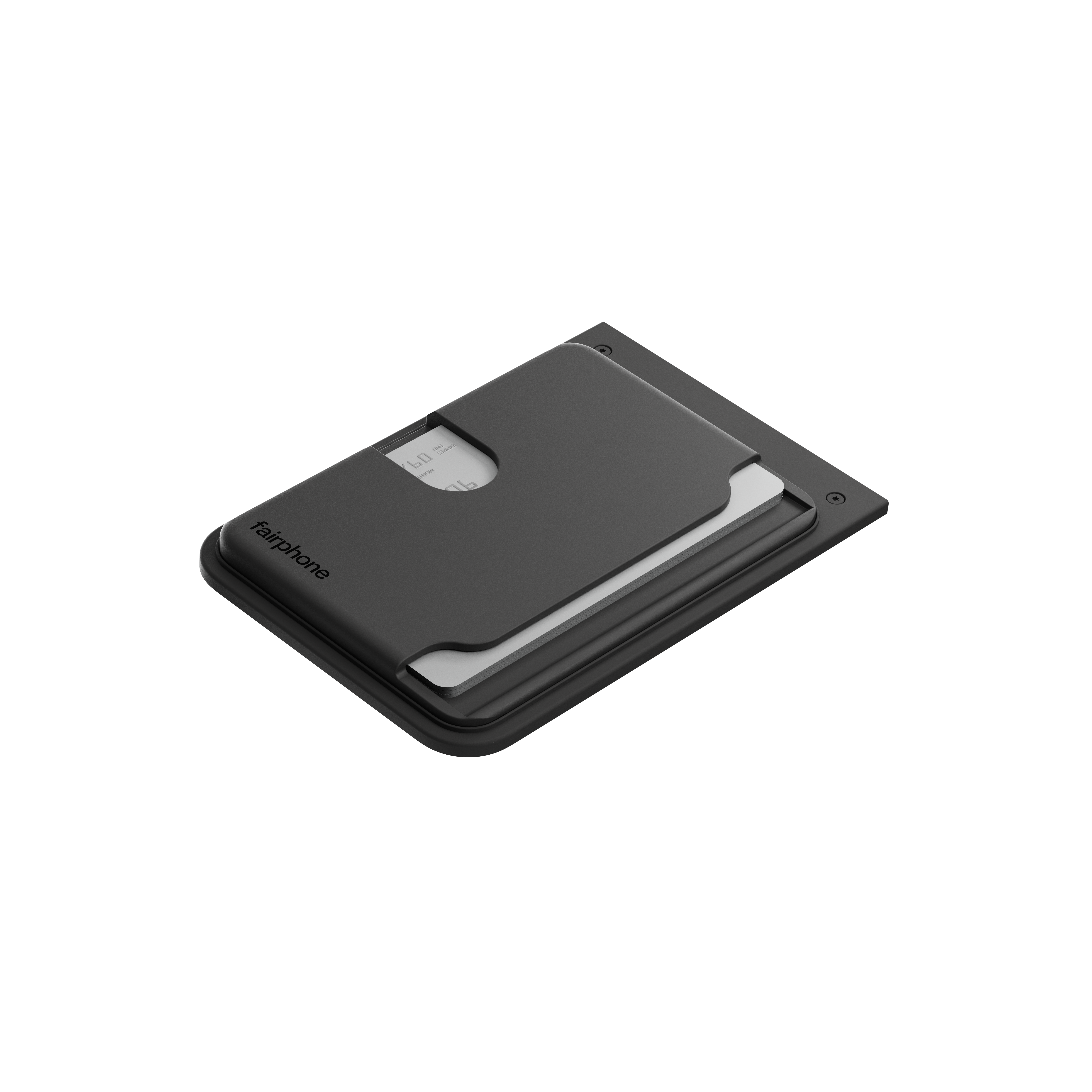 Eine schwarze Fairphone-Geldbörse. Eine Karte ist teilweise sichtbar. Der Hintergrund ist schwarz.
