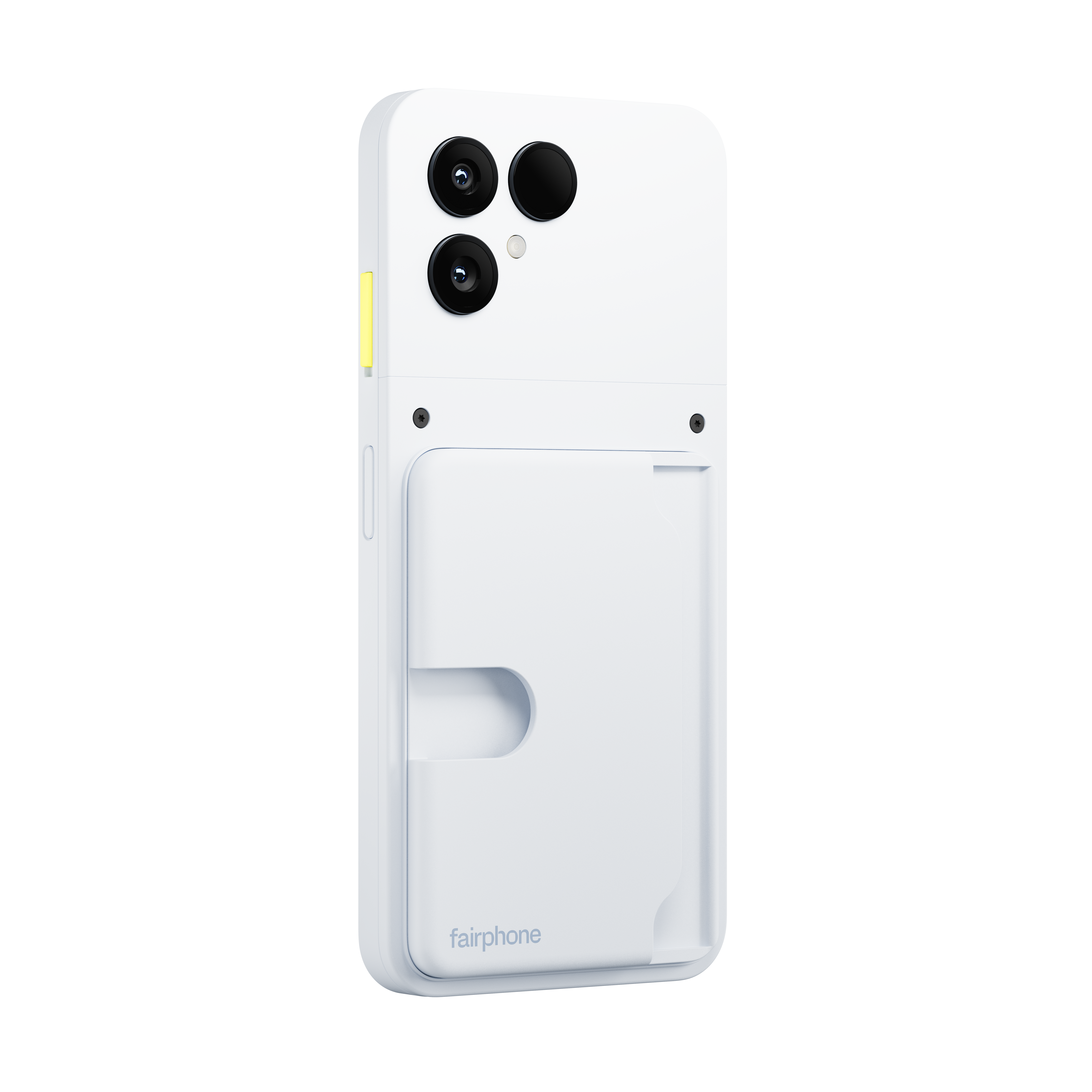 Weißes Fairphone mit drei Kameralinsen, einem gelben Knopf und einem Kartensteckplatz. Der Markenname ist sichtbar.