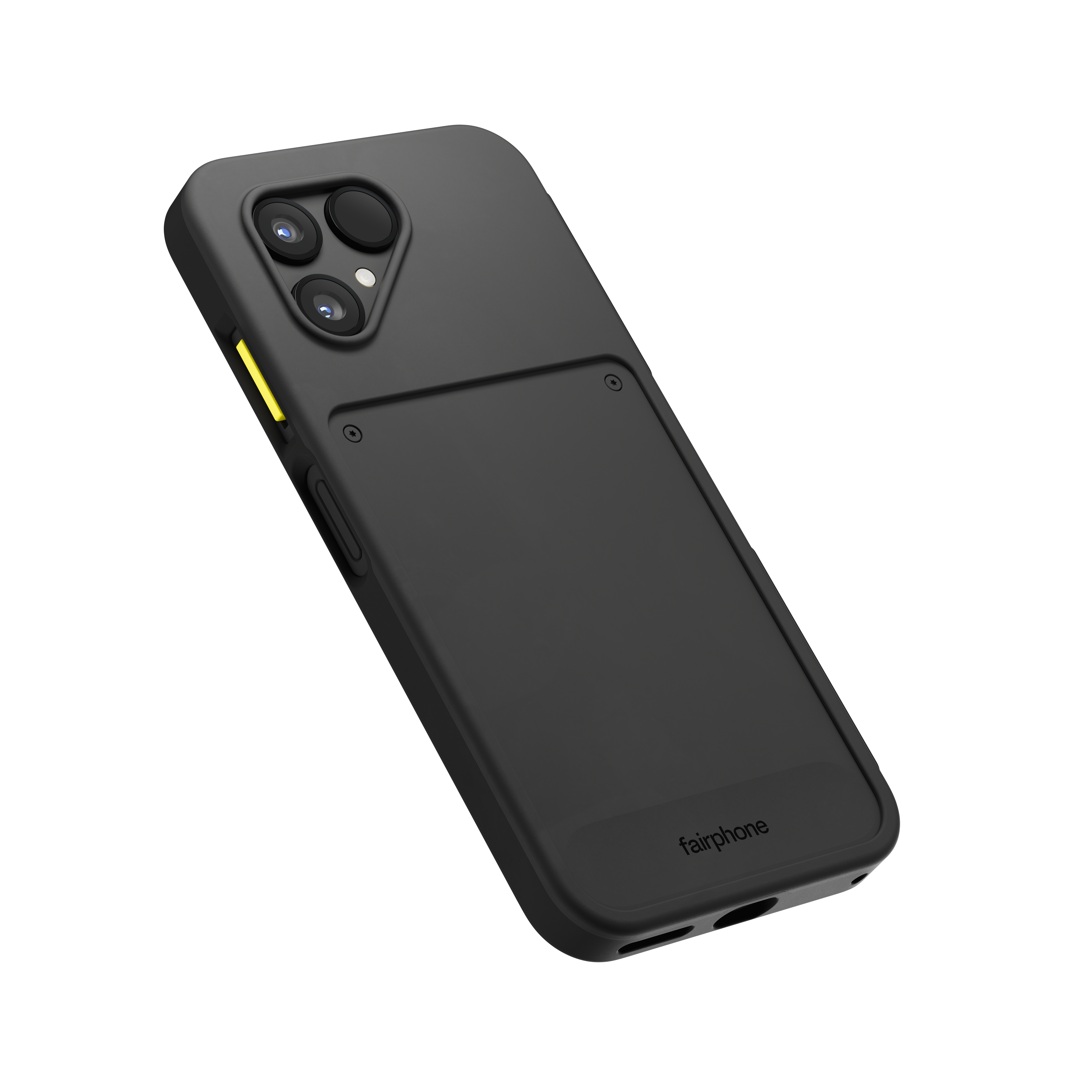 Schwarze Handyhülle mit drei Kameralinsen. Es hat ein Rechteck auf der Rückseite und das Wort 'fairphone'.