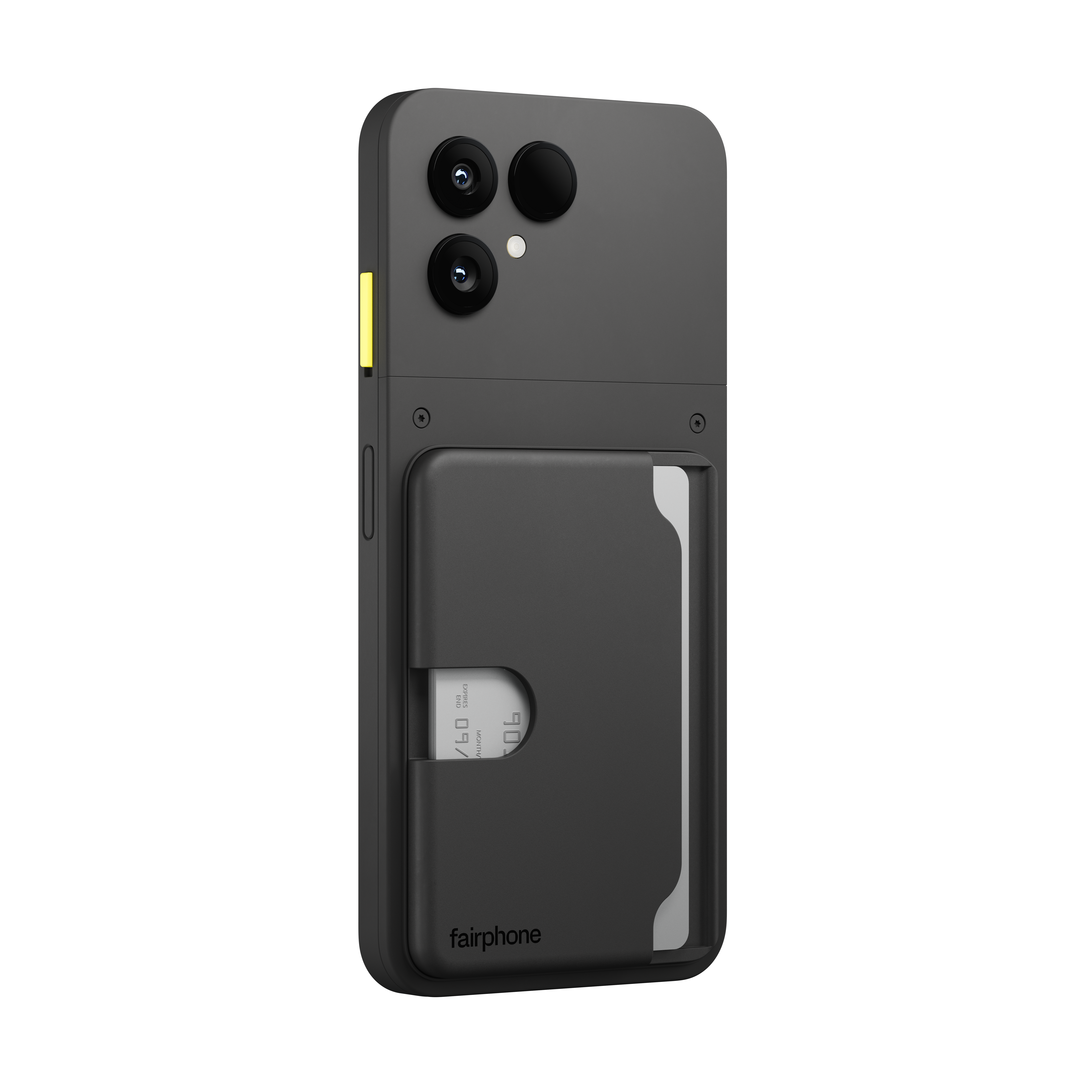 Schwarzes Fairphone mit Kartenhalter. Verfügt über eine Dreifachkamera. Gelber Akzent an der Seite. Kreditkartendetails sichtbar.