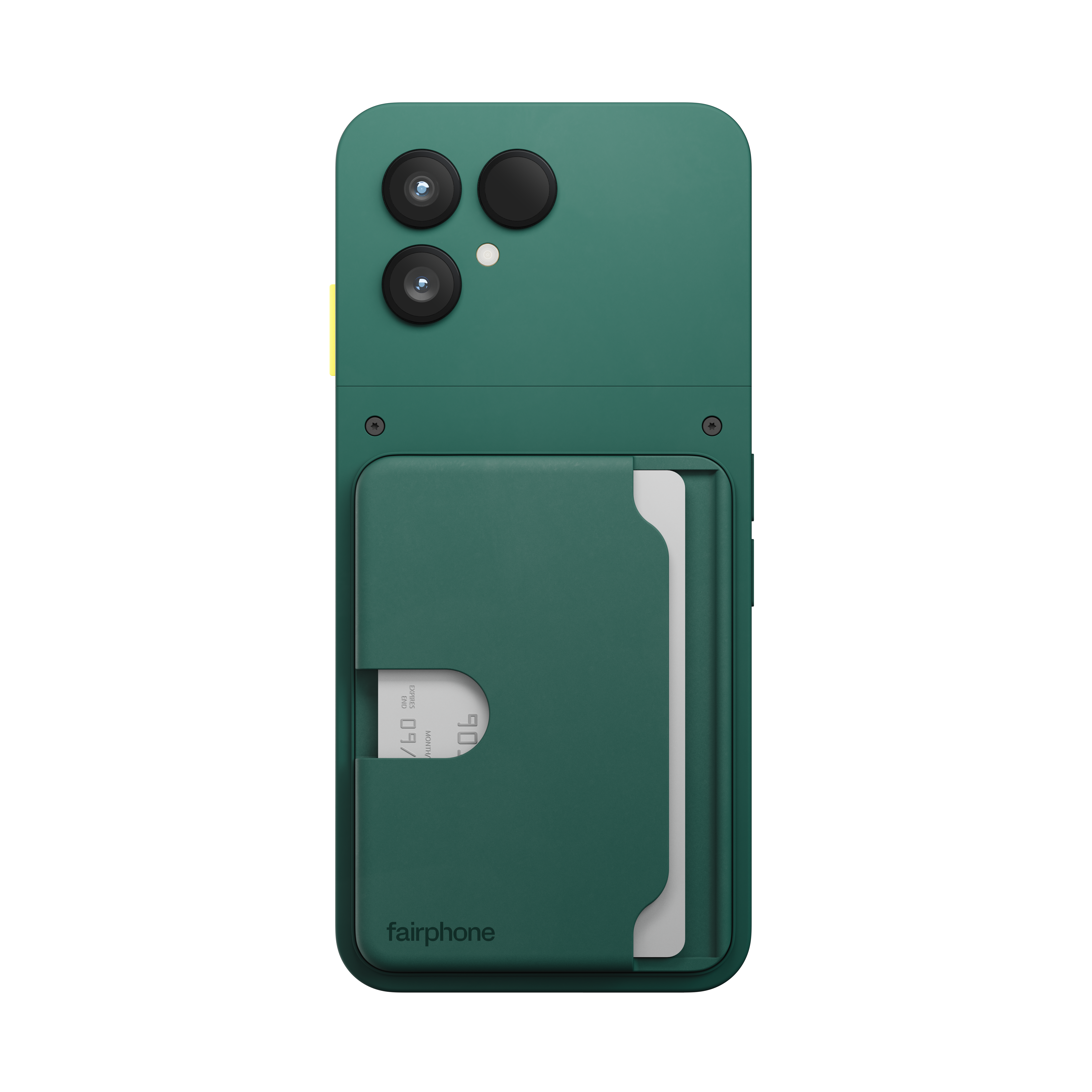 Grüne Fairphone-Hülle mit drei Kameralinsen, einem Kartenhalter und einer teilweise sichtbaren weißen Kreditkarte.
