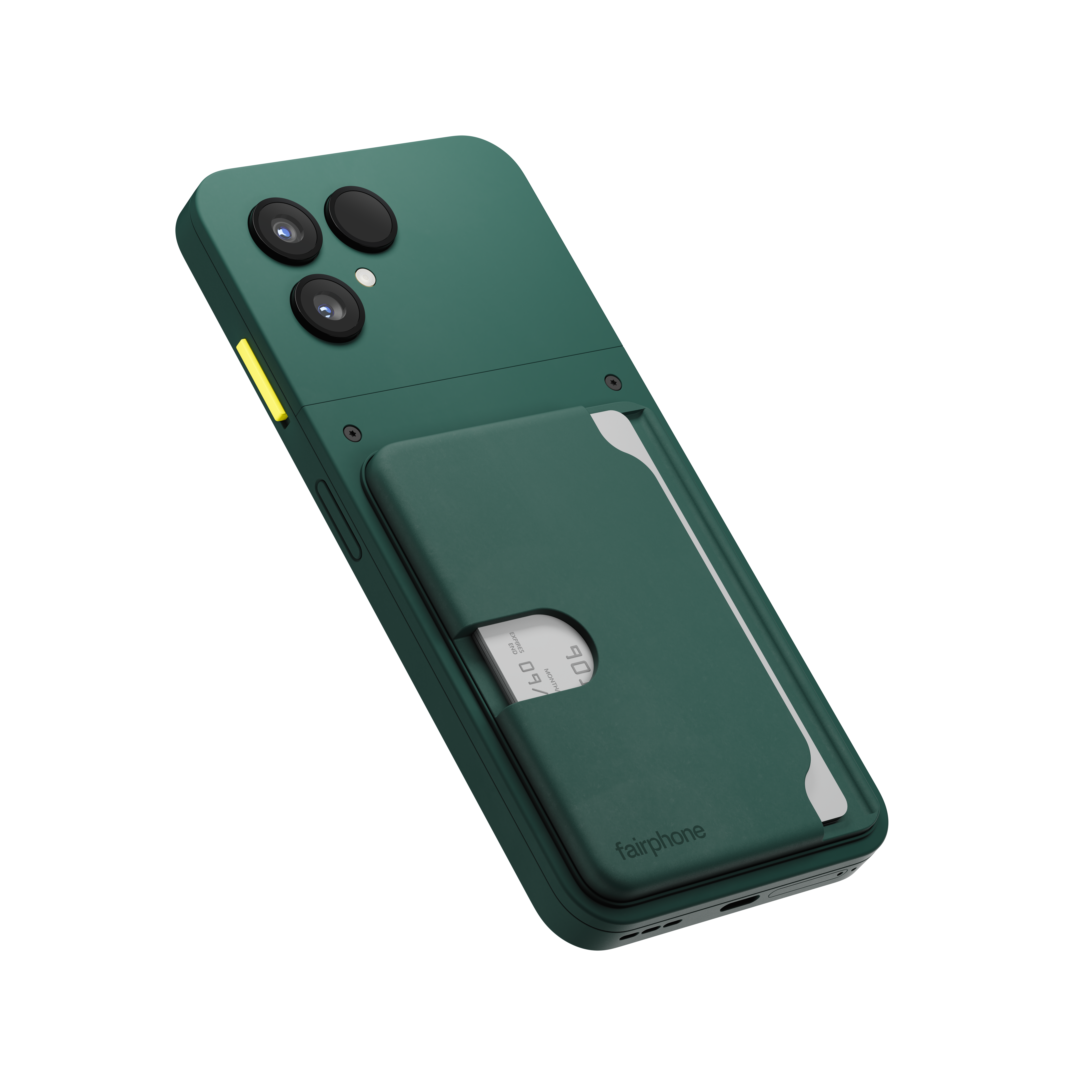 Grüne Smartphone-Hülle mit Kartenhalter. Verfügt über drei Kameras. Eine Kreditkarte ist teilweise sichtbar. Die Marke 'fairphone' ist aufgedruckt.
