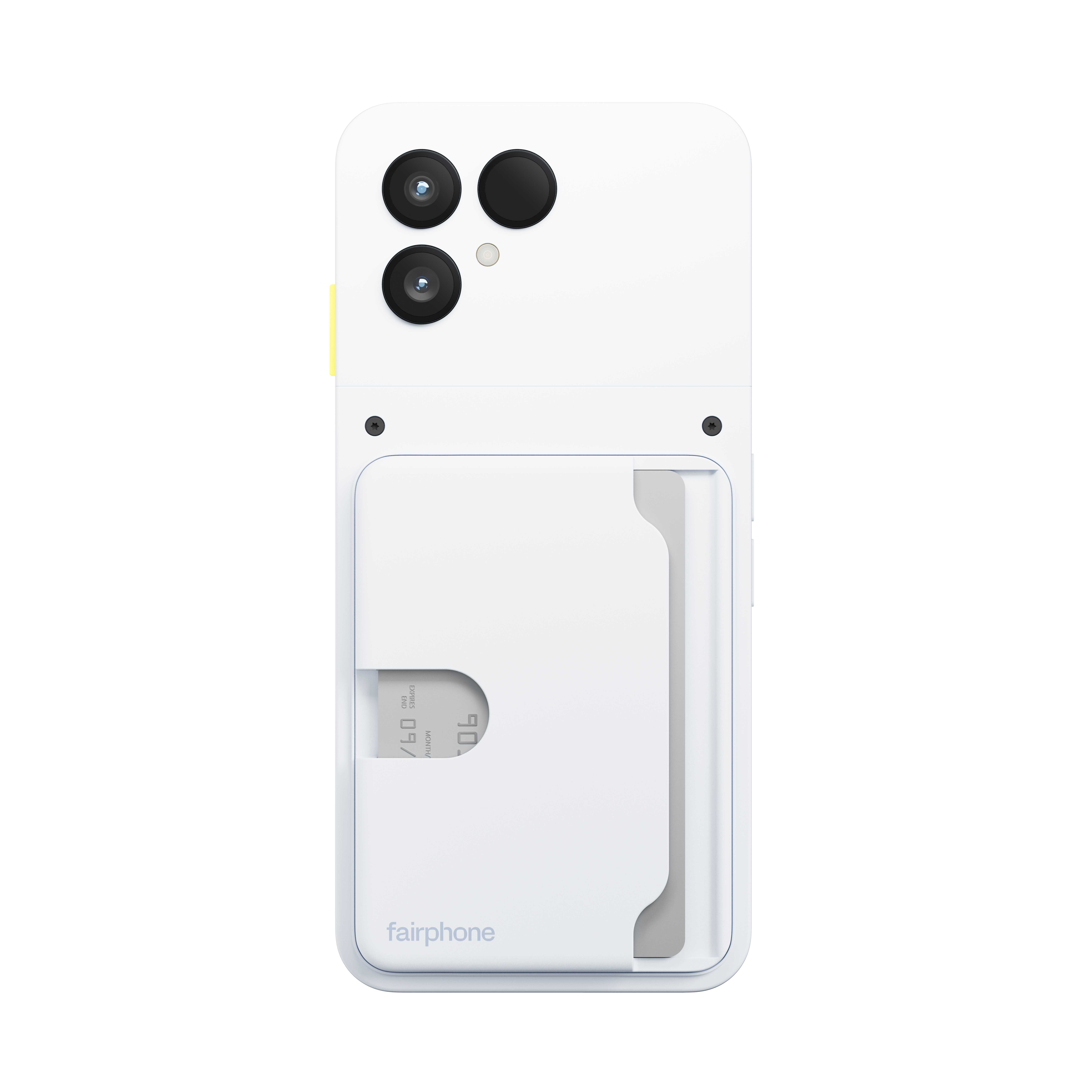 Weißes Fairphone mit Kartenhalter und drei Kameralinsen. Eine Kreditkarte ist teilweise sichtbar.