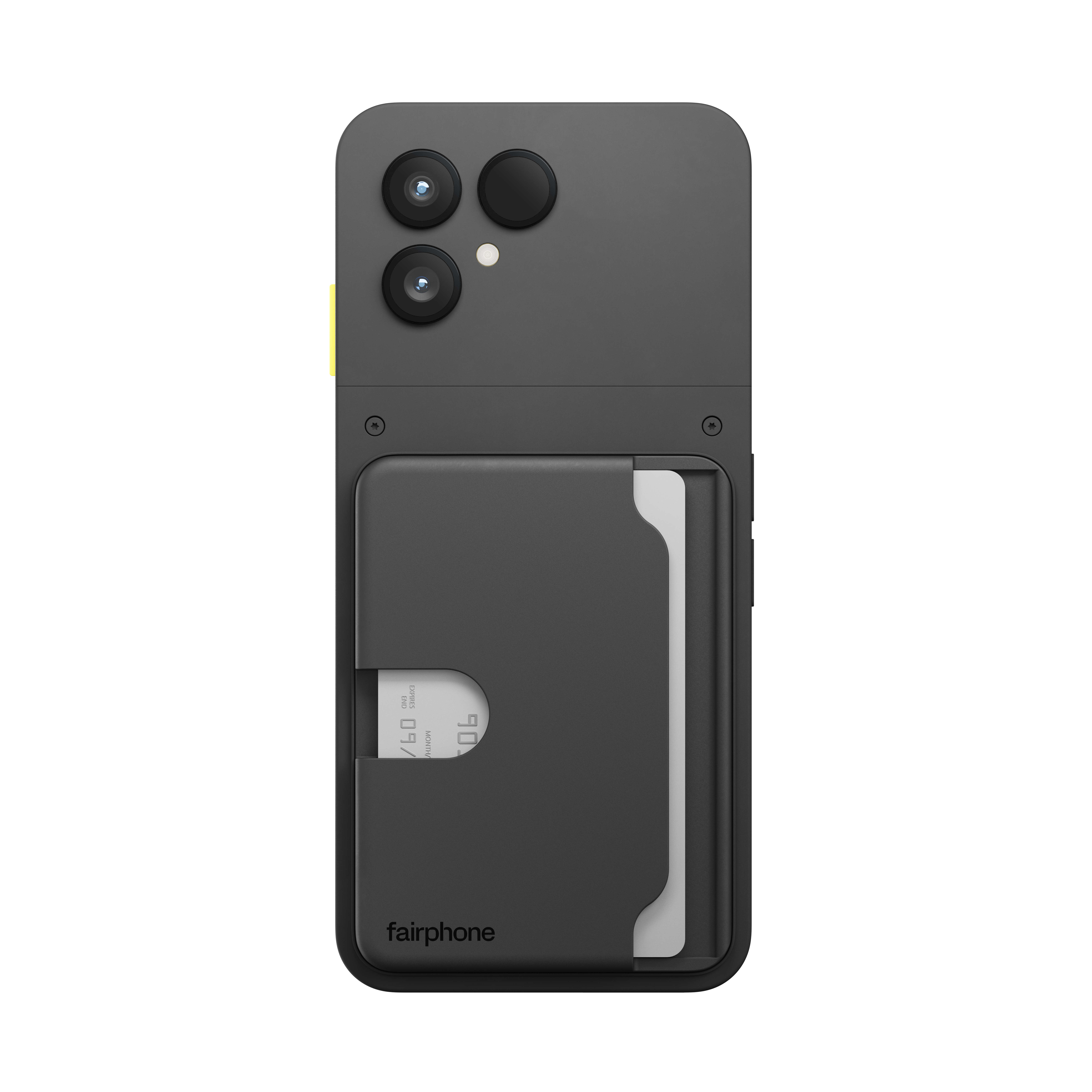Ein schwarzes Smartphone mit Brieftasche. Es hat drei Kameralinsen und eine weiße Karte.